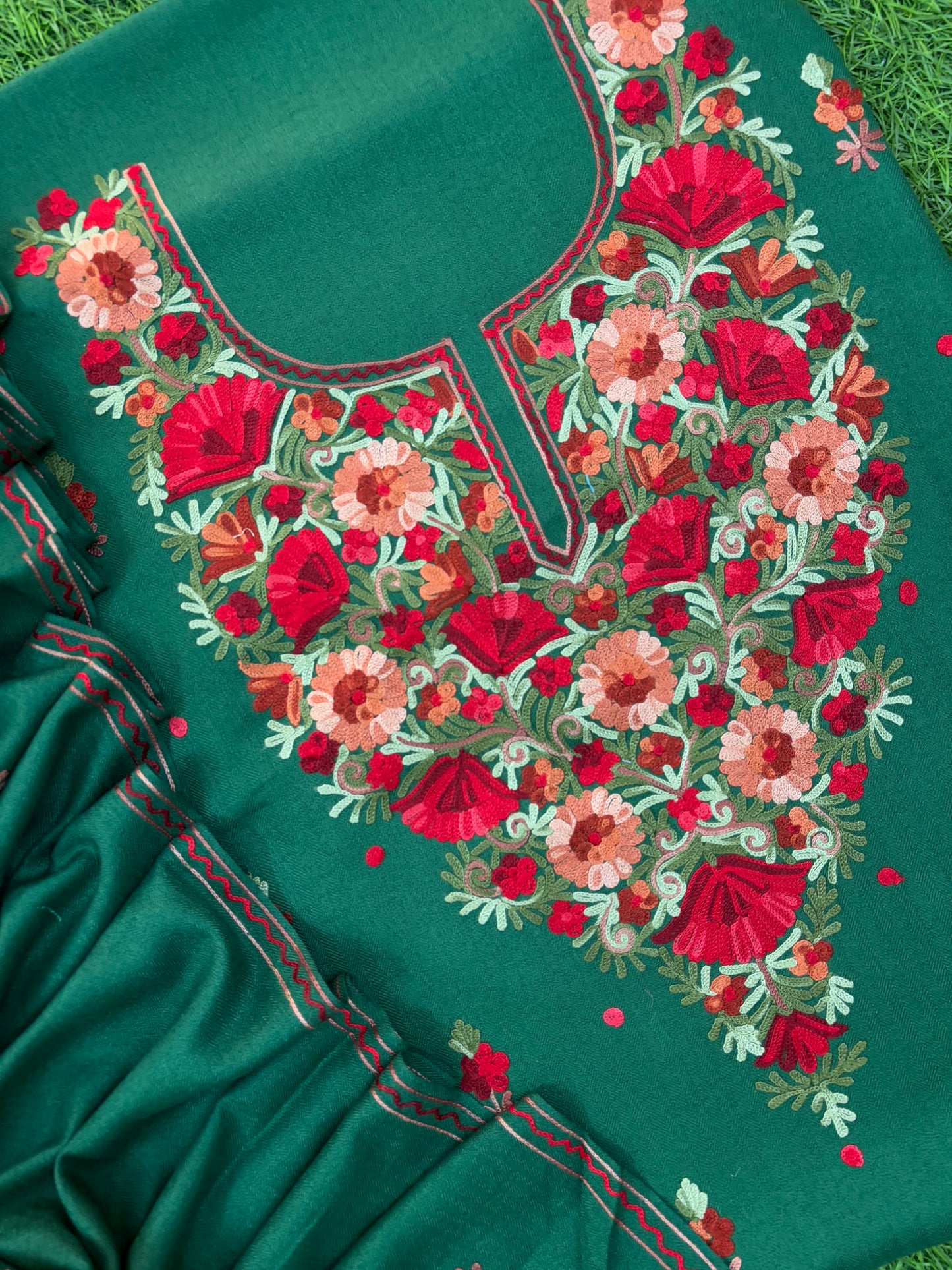 Bottle Green Woollen Aari Embroidered 3pc suit