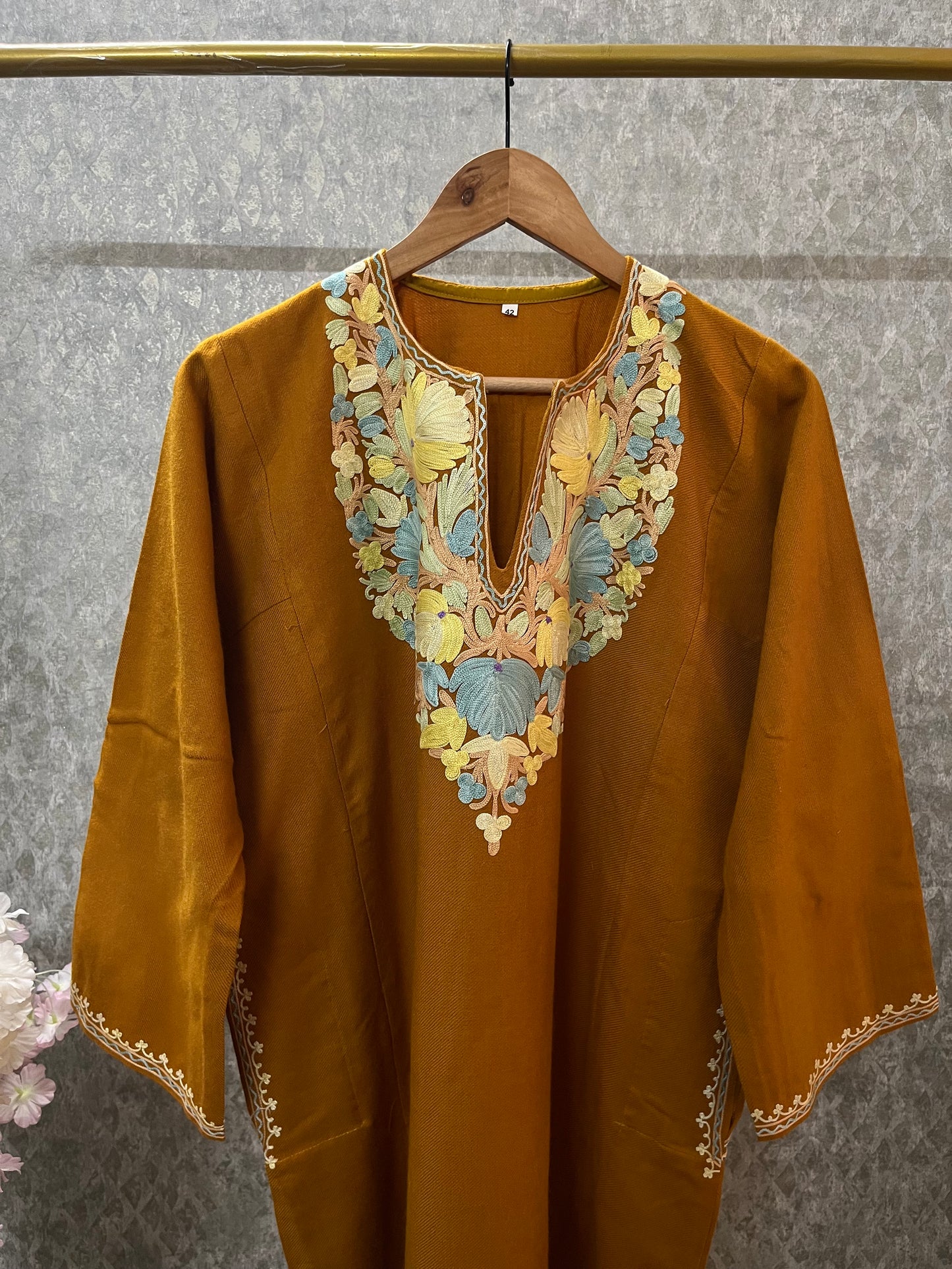 Mustard Yellow Aari Embroidered Wool Pheran