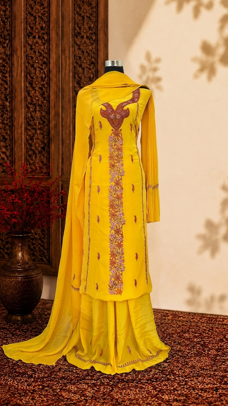 Yellow Kalaa’ Crape Sozni Kashmiri Suit