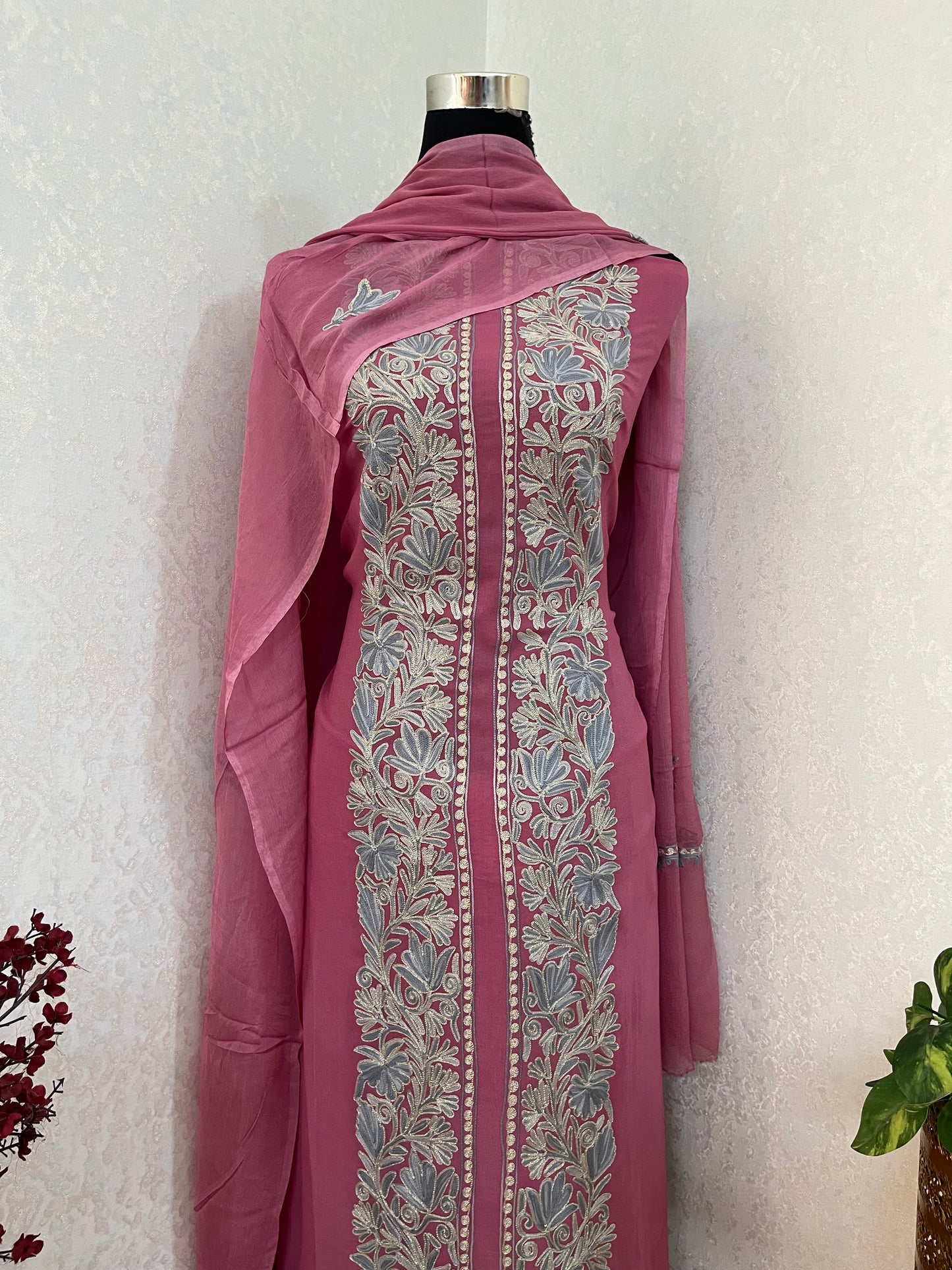 Soft Pink Pure Georgette Achkan Kashmiri Suit