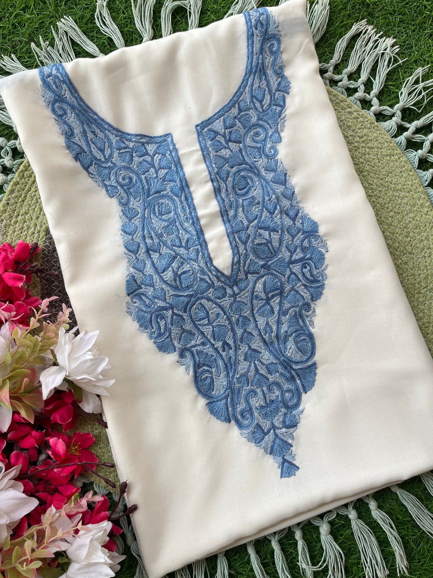 Off White Cotton Two Piece Suit (Hand Embroidered)