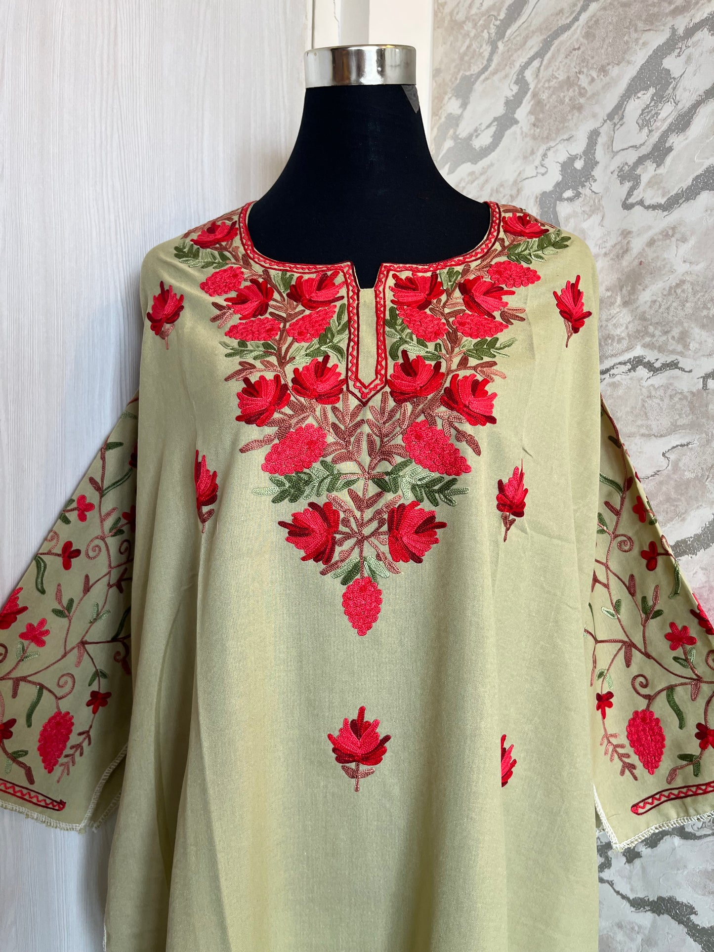 ‘Bageecha’ Pista Green Cotton Semi Stitched Cream Aari Work Kurti