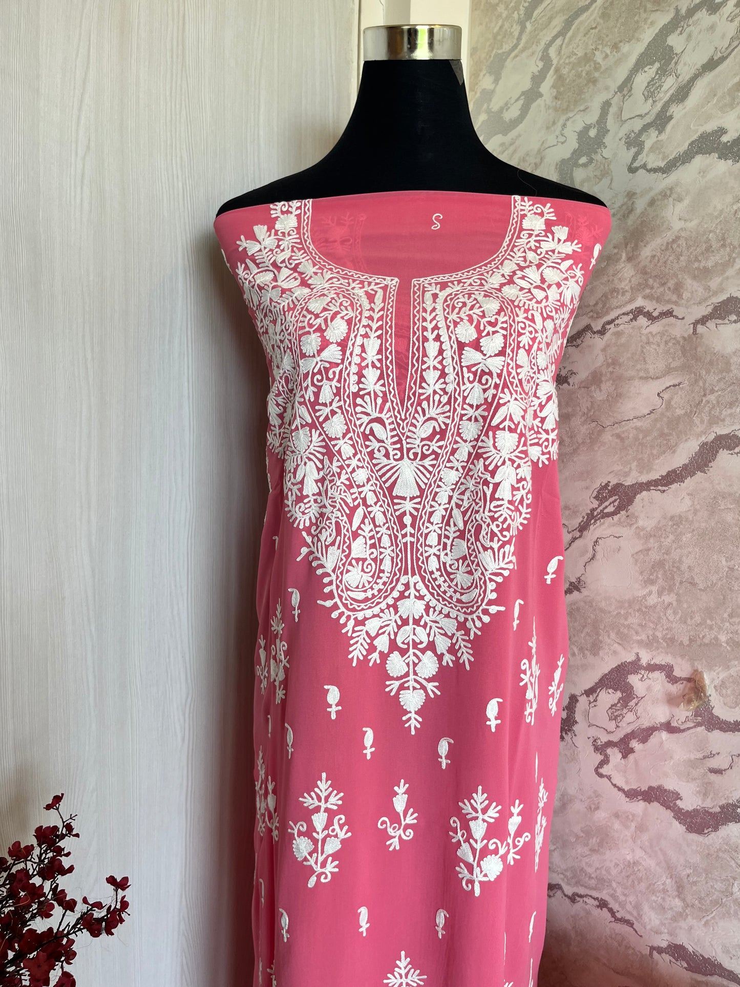 Georgette Pink All over Work Aari Embroidered Unstitched Kurta Material