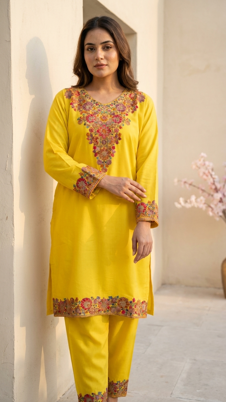 Yellow Cotton Stitched Co-ord Set( 44)