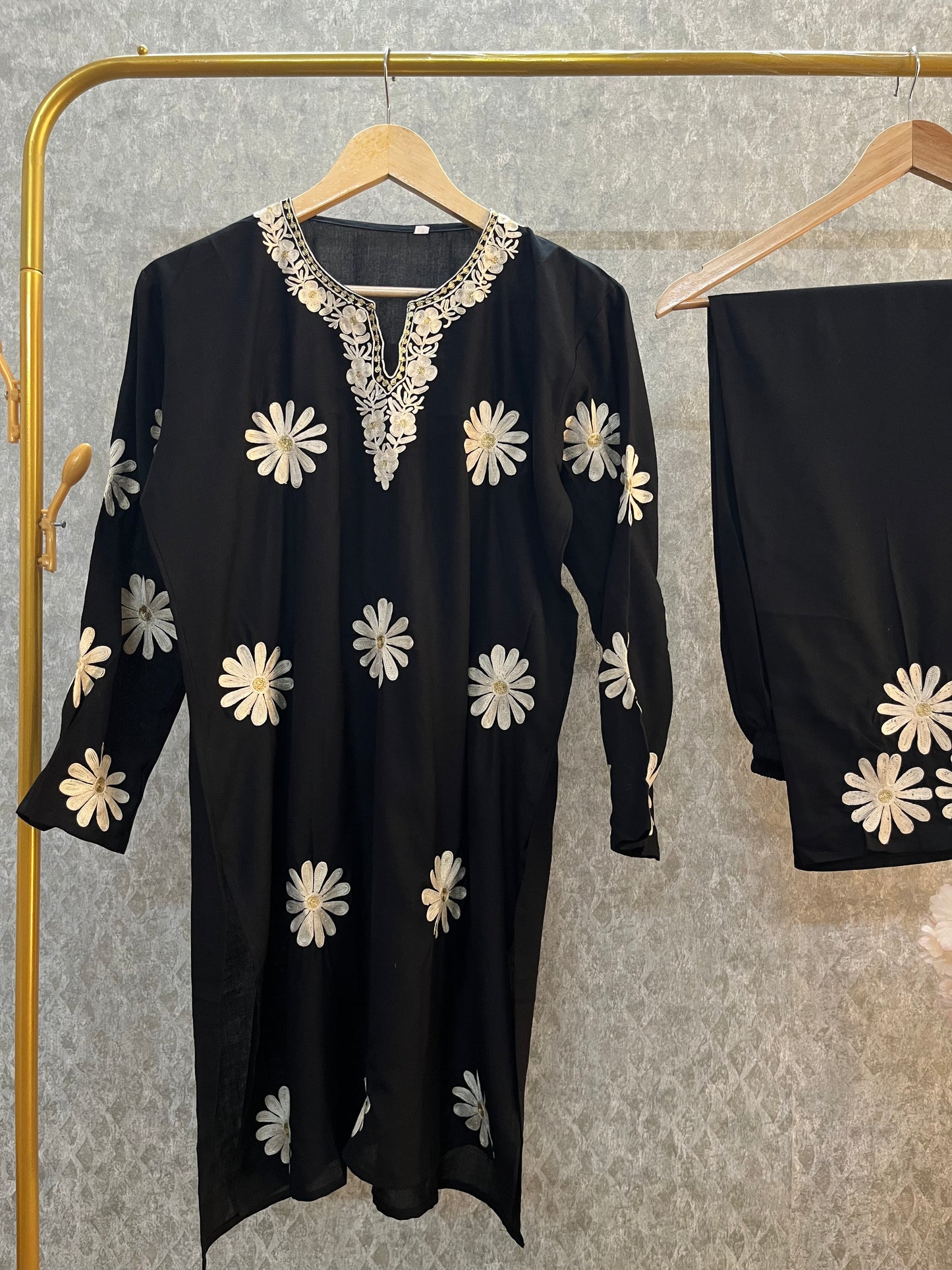 Black Cotton Embroidered Co-ord Set(40)