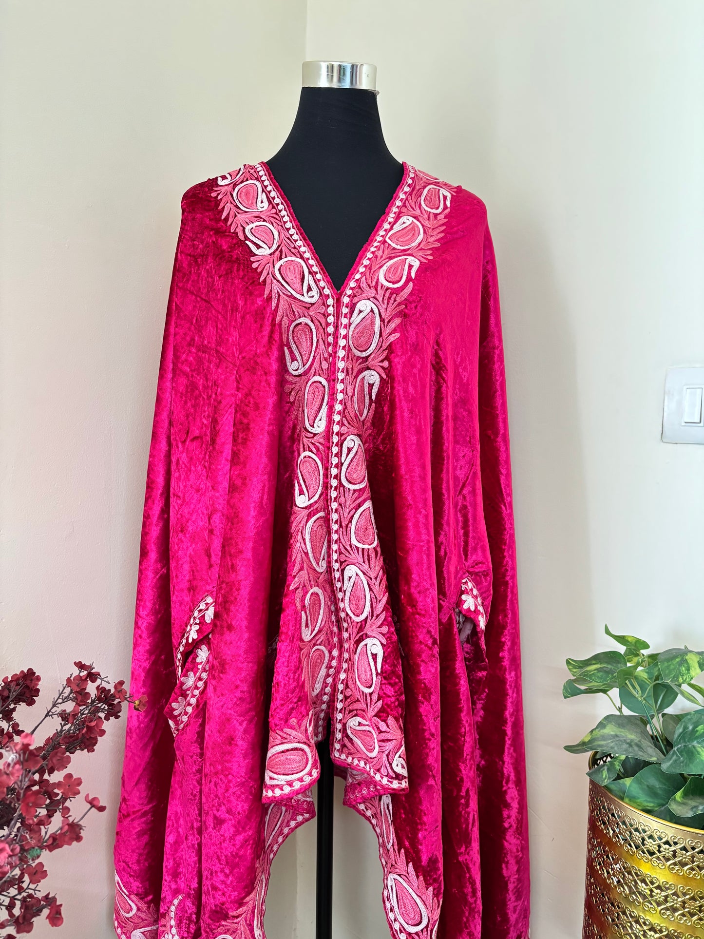 Hot Pink Aari Embroidered Makhmal Cape