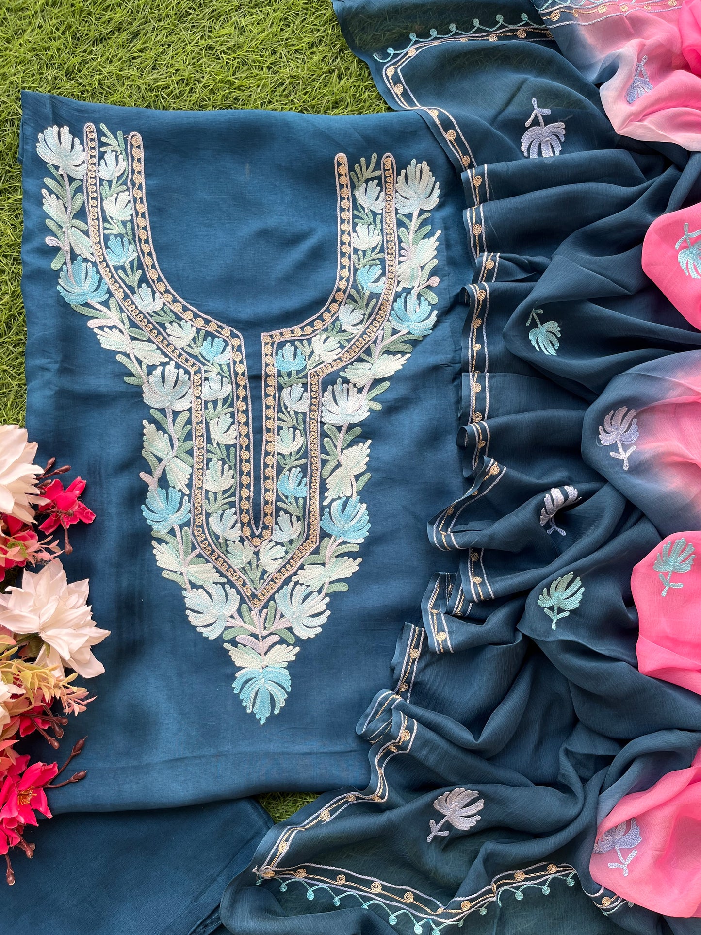 Blue Opada Silk Kashmiri Suit