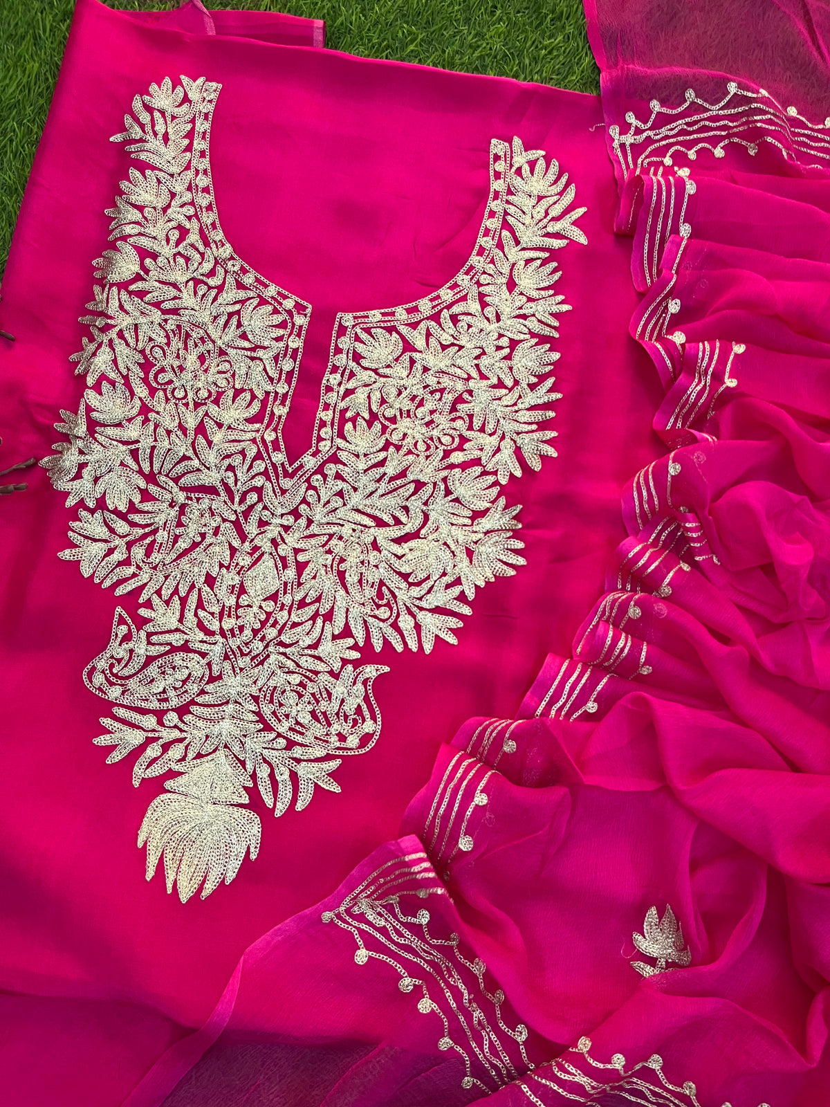 Hot Pink Silk Tilla Kashmiri Suit
