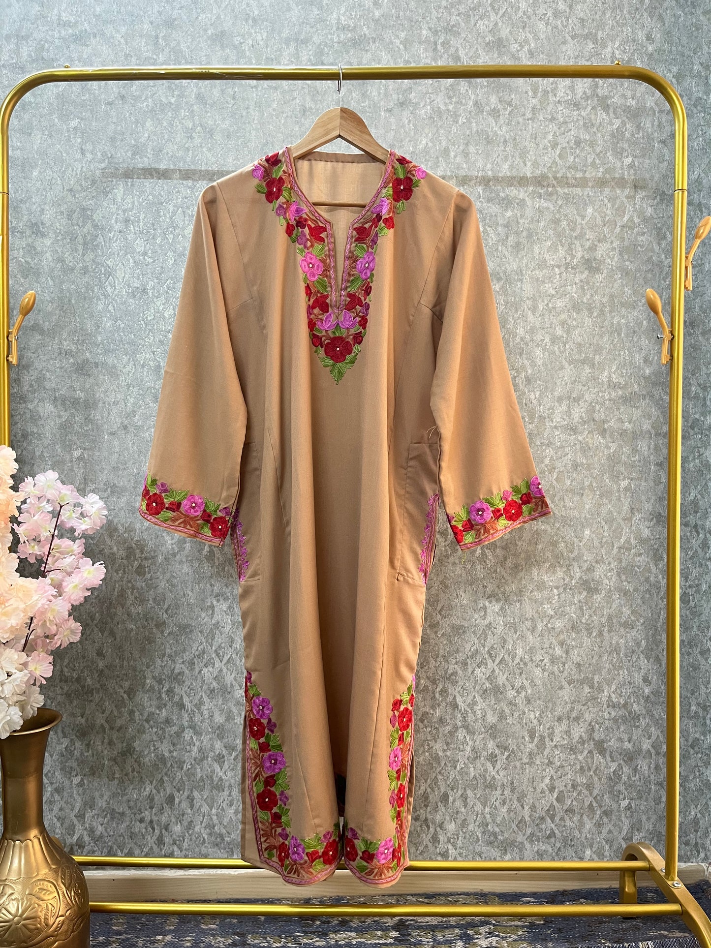 Beige Cotton Aari Work Kurta