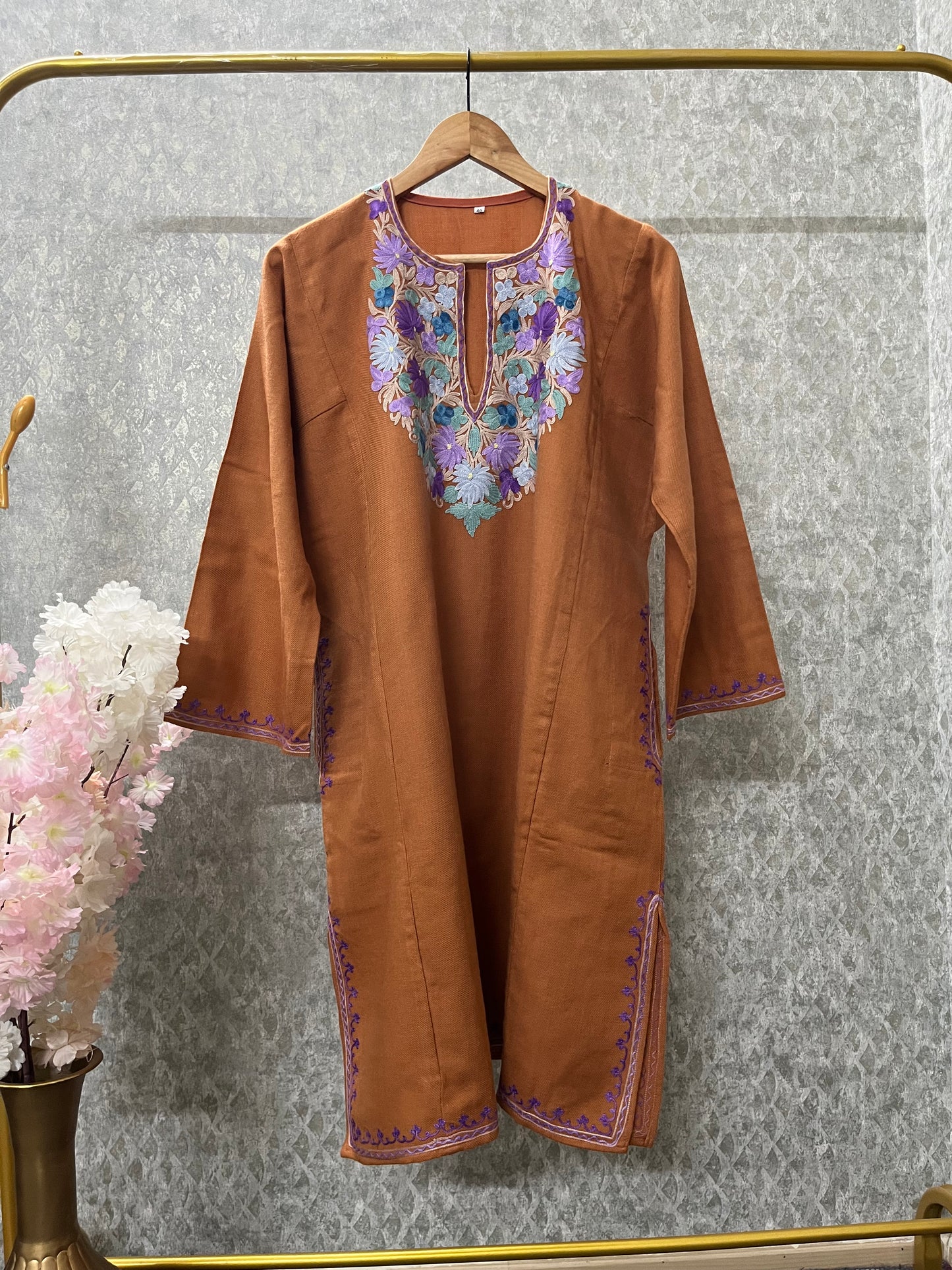 Brown Aari Embroidered Wool Pheran