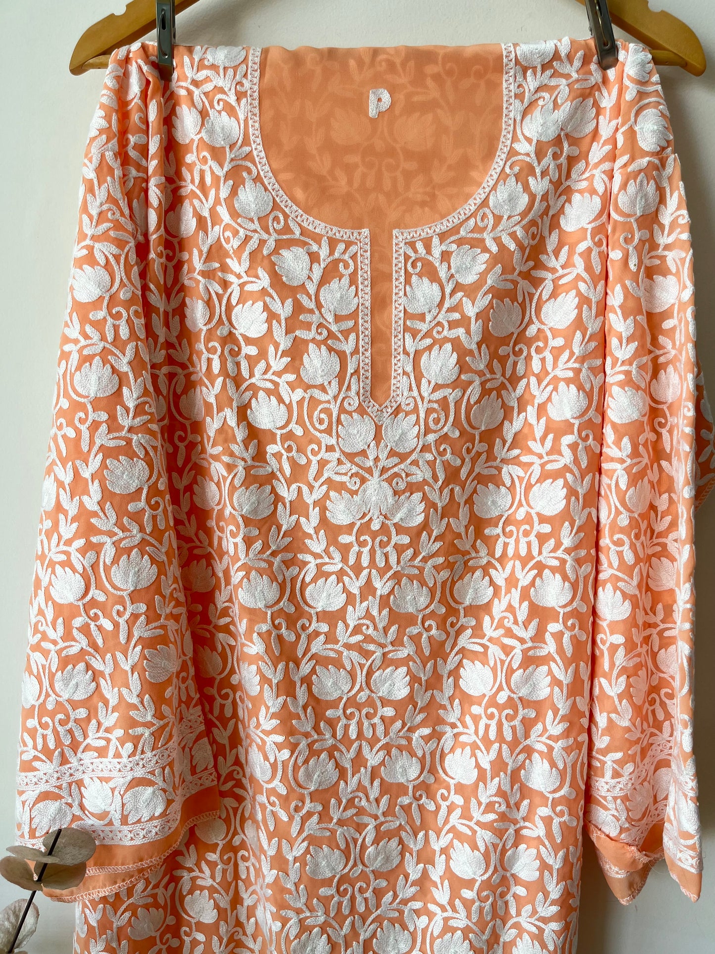 Tangerine Orange Georgette Jaal Work (Front & Back) Aari Embroidered Semi Stitched Kurta