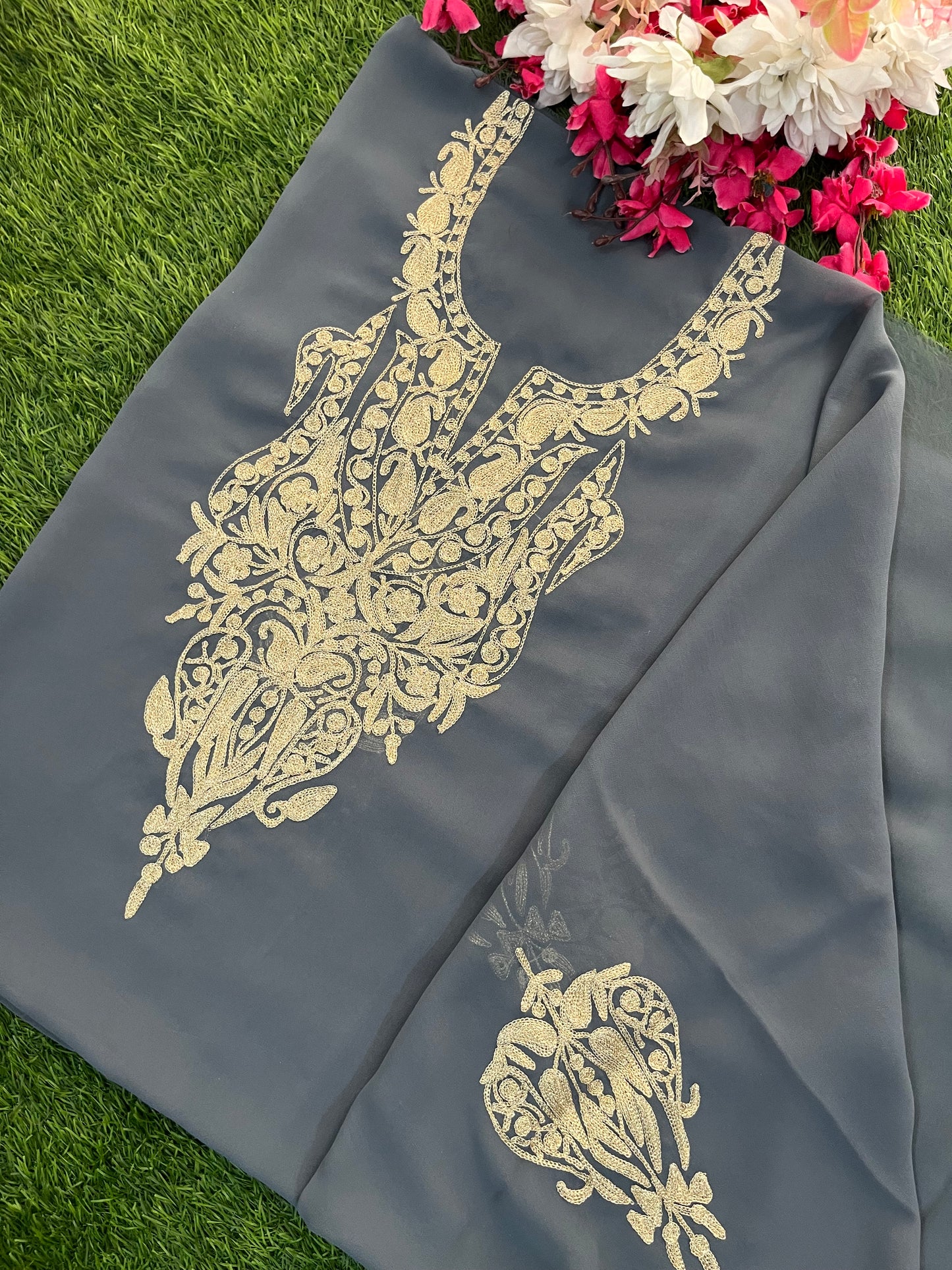 Grey Georgette Kashmiri Kurta (Unstitched)