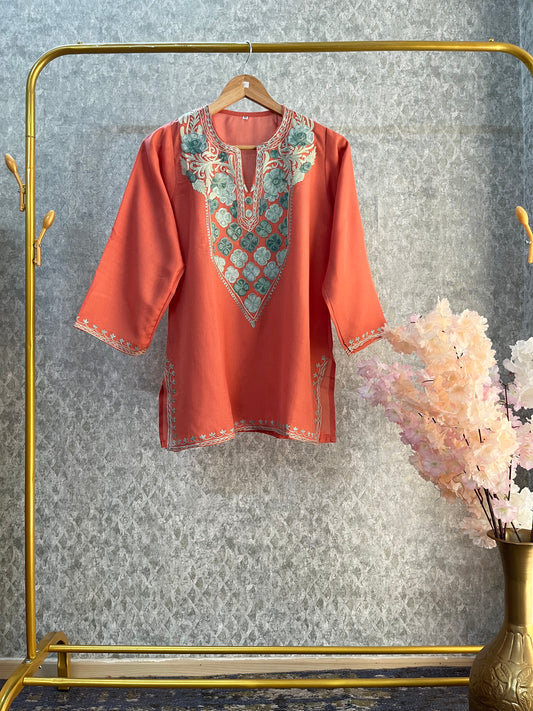 Peach Cotton Aari Work Kurti