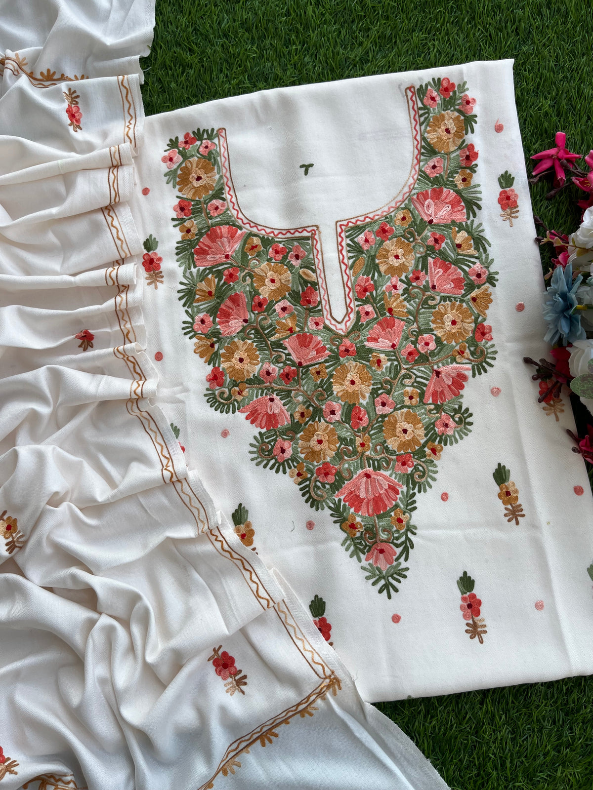 Off White Woollen Aari Embroidered 3pc suit
