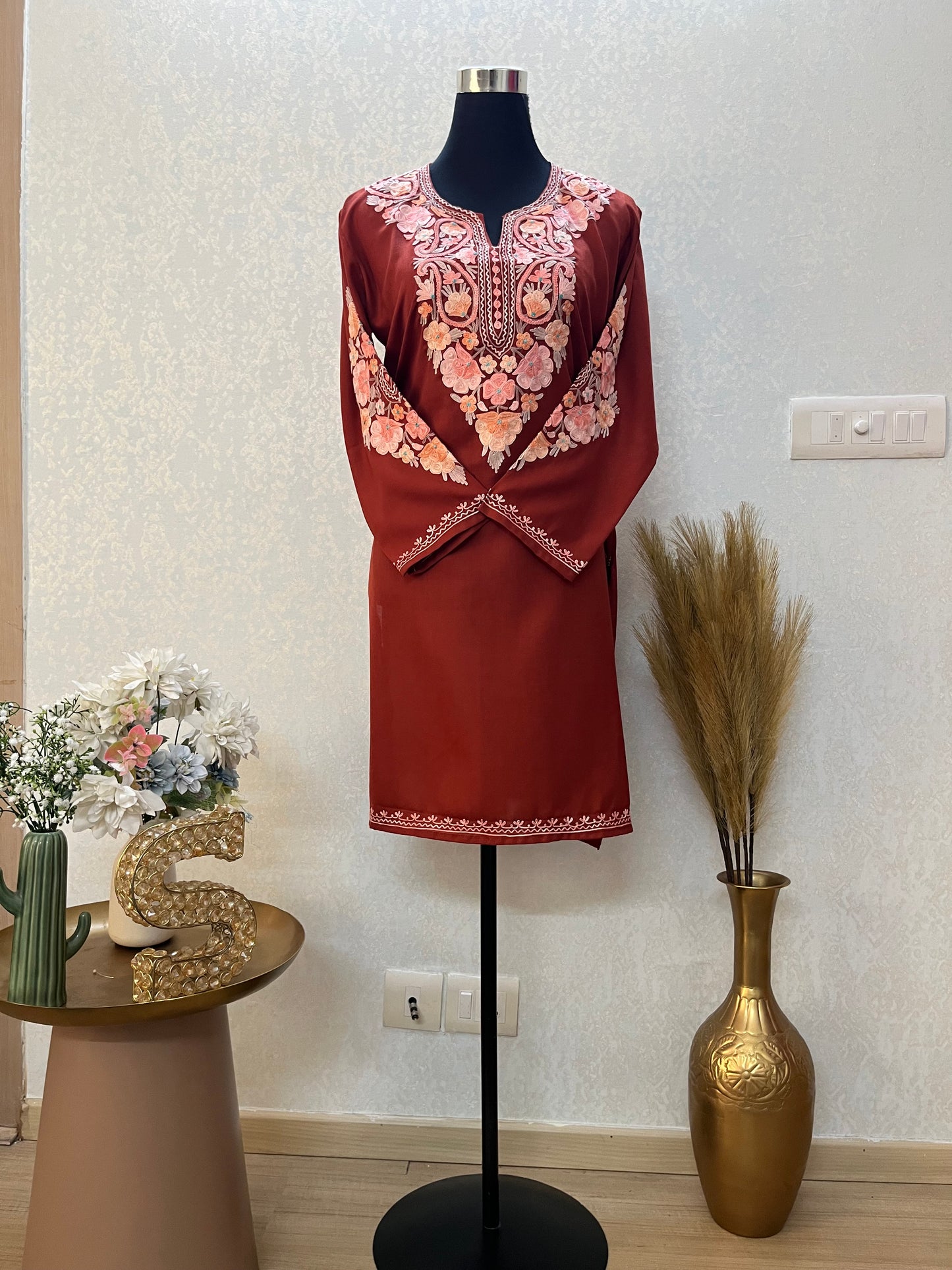 Rust Cotton Aari Work Kurta