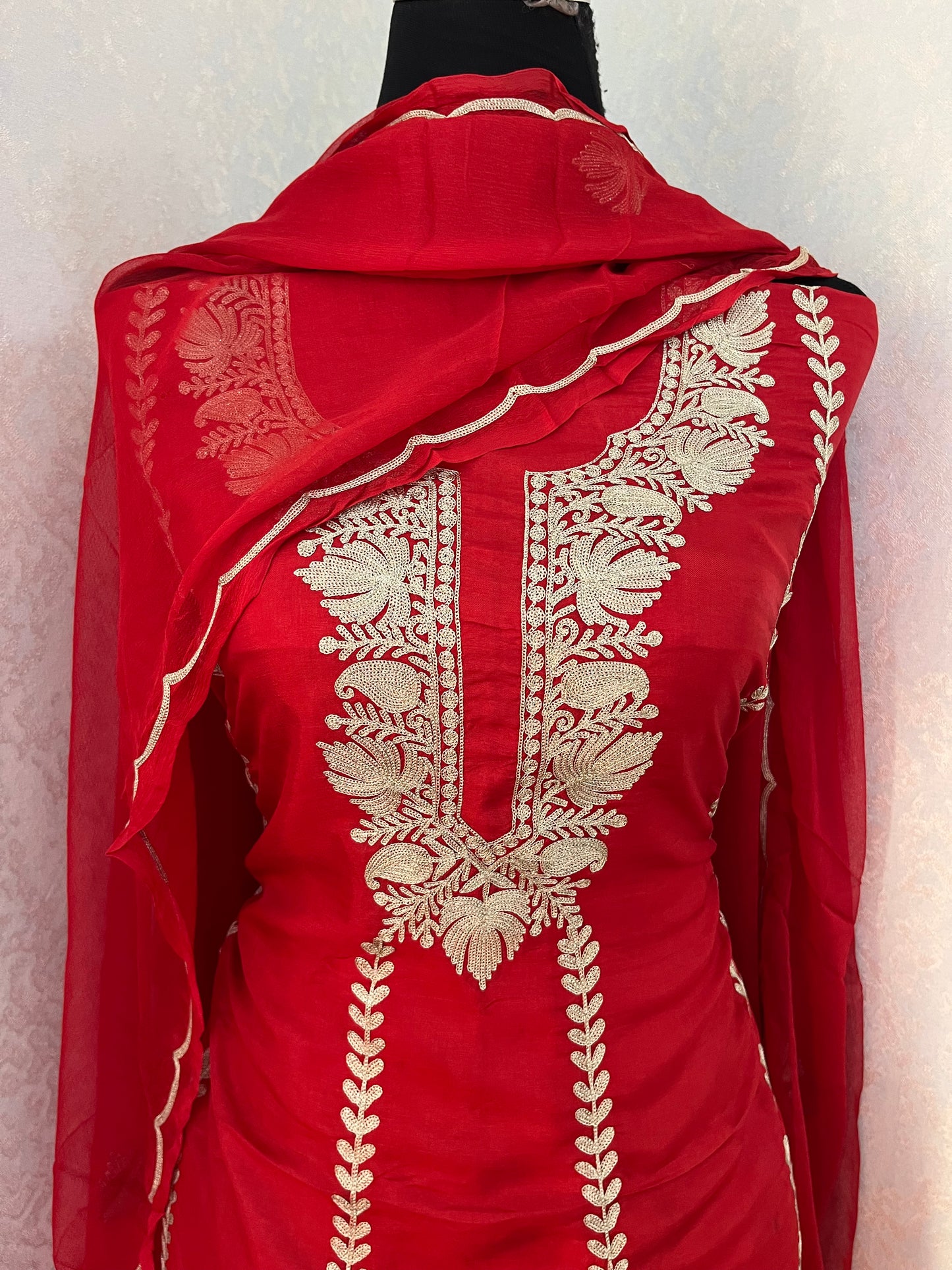Red Sanam’ Silk Tilla Kashmiri Suit
