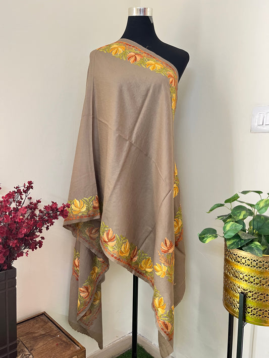 Beige Fine Semi Pashmina Aari Embroidered stol