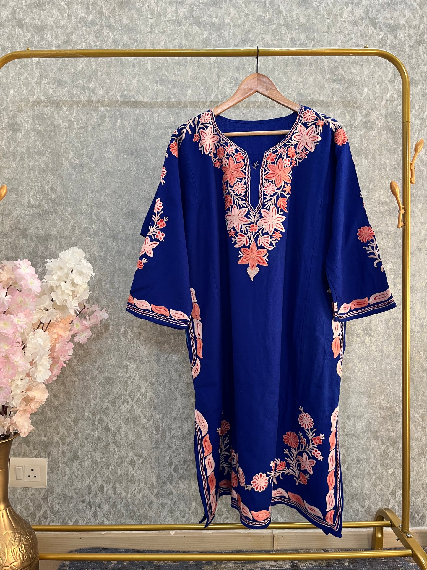 Royal Blue Aari Embroidered Wool Pheran