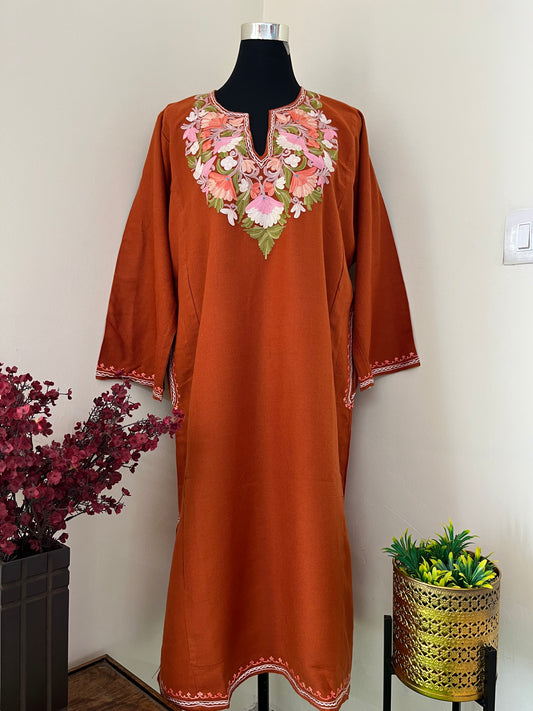 Orange Aari Embroidered Wool Pheran