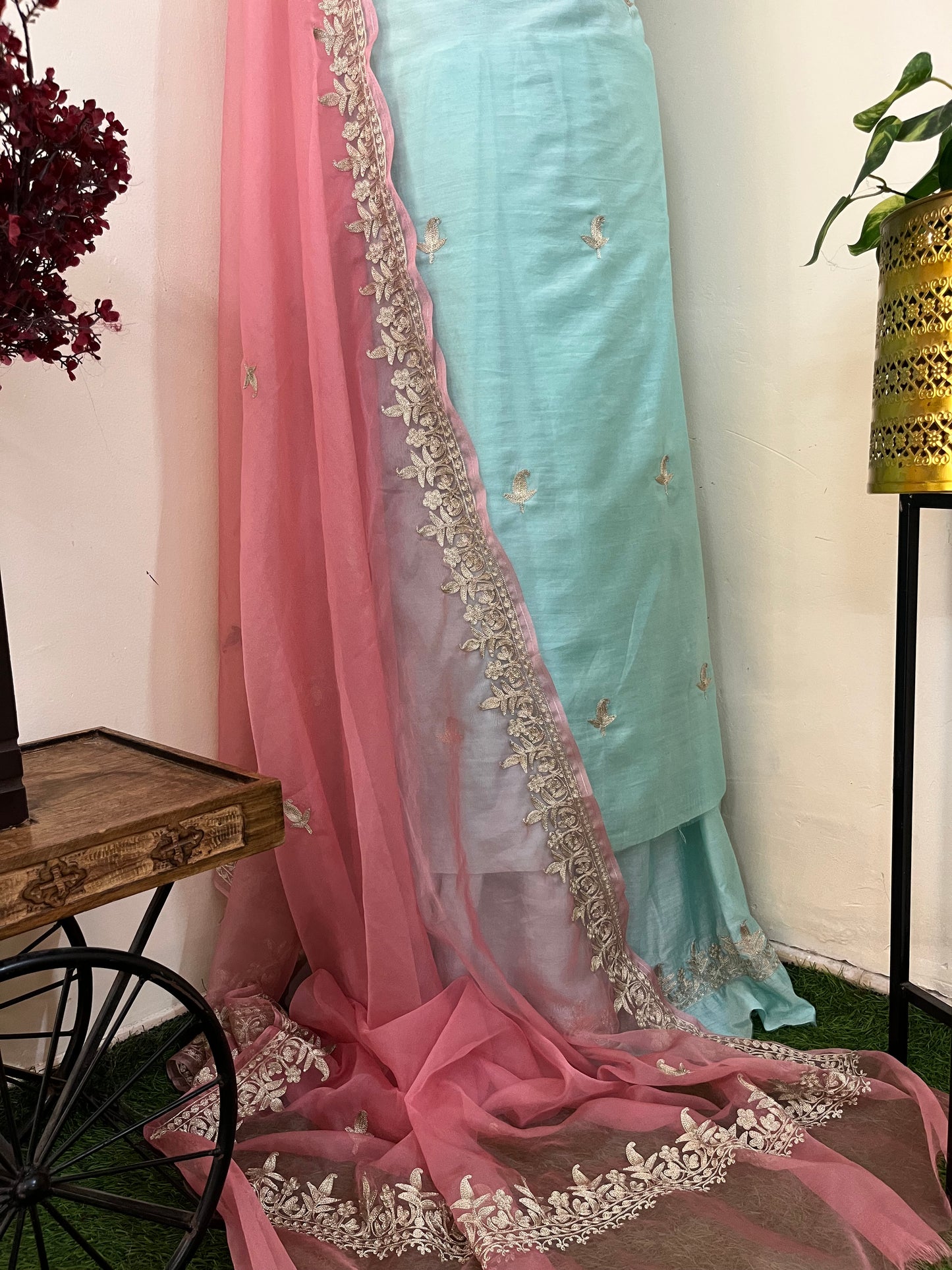 Sky Blue Chanderi Silk Kashmiri Suit