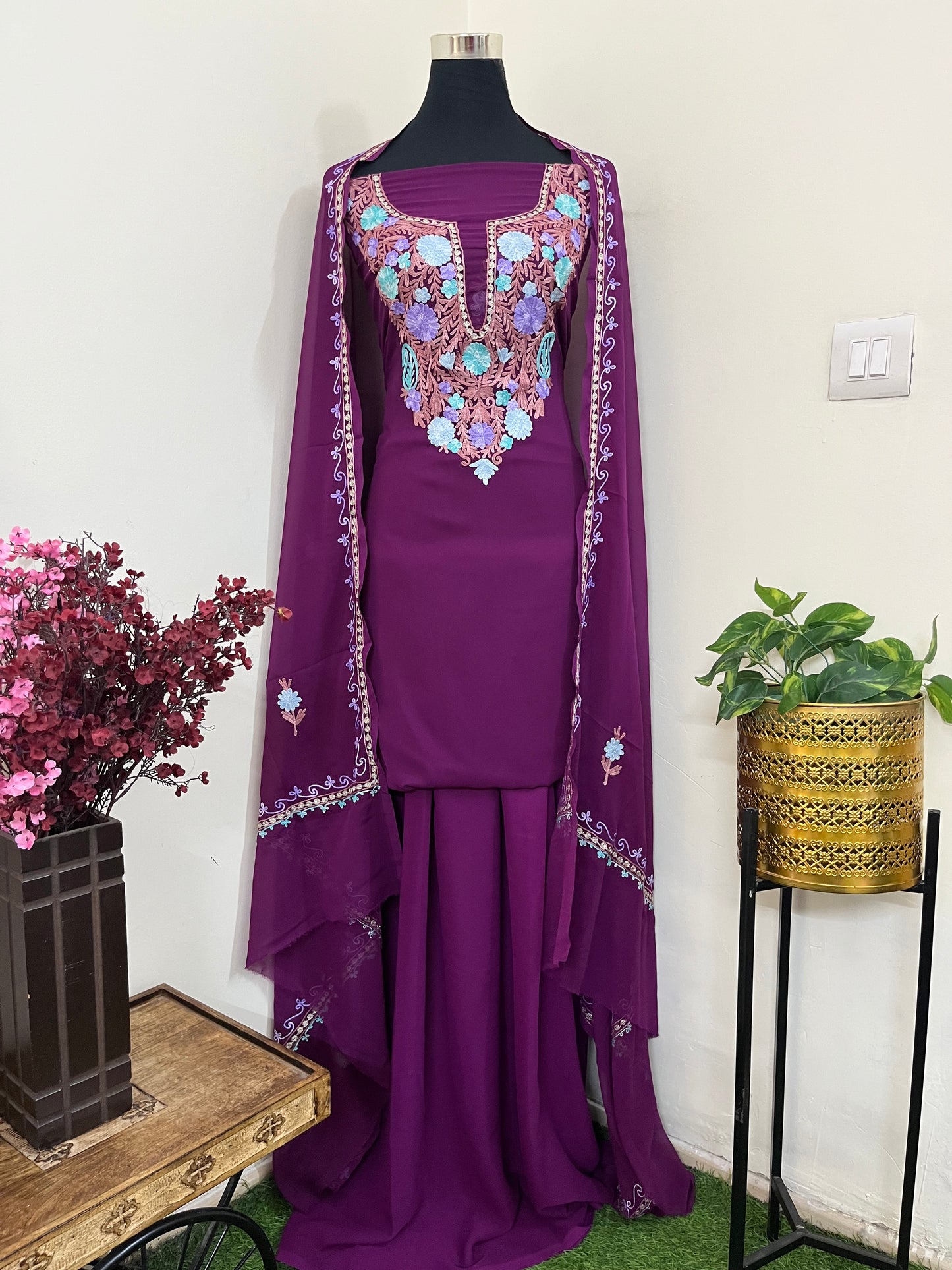Wine Georgette 3 Pc Aari Embroidered Suit Set