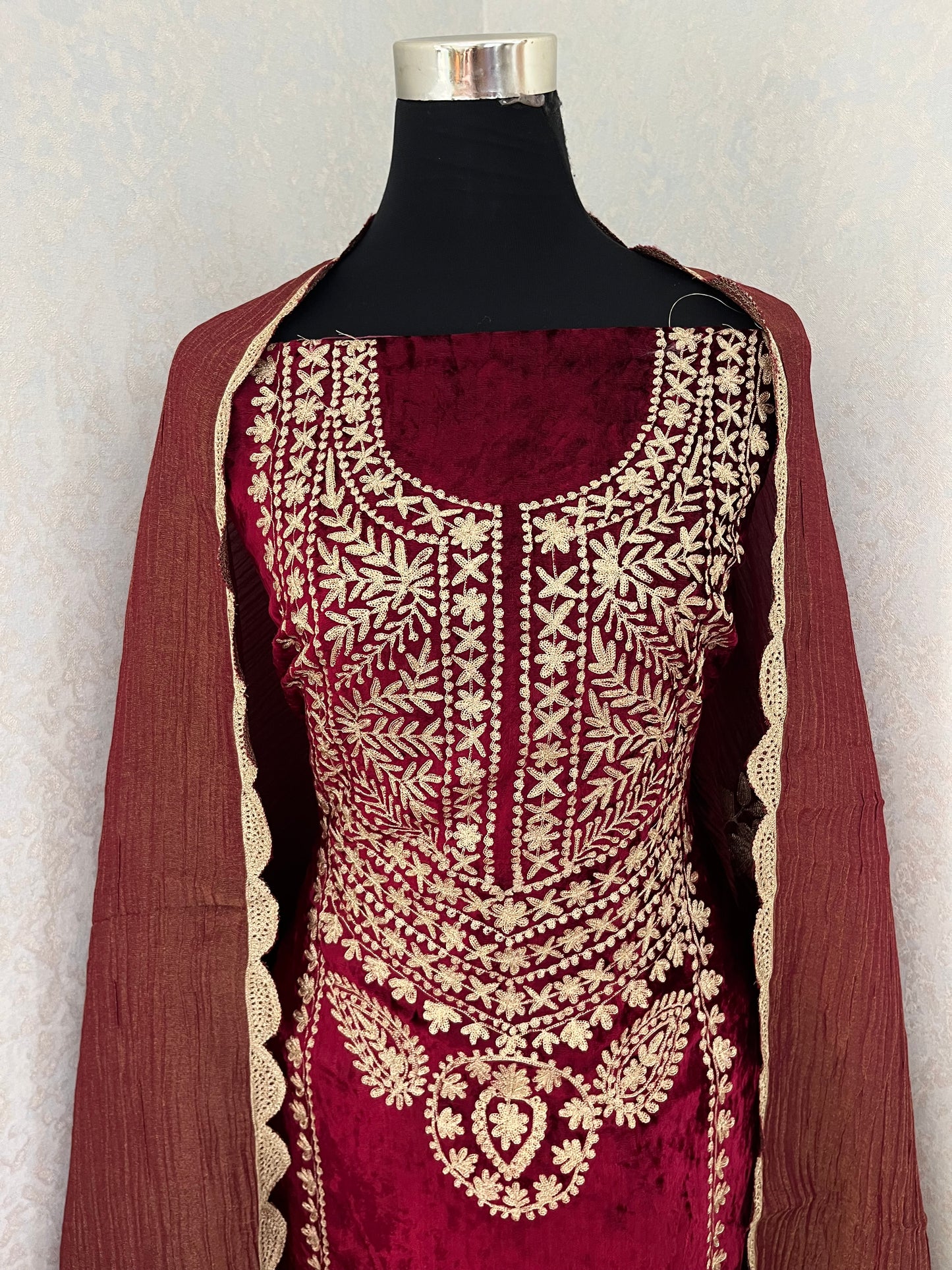 Maroon Tilla Pure Makhmal 3pc Suit