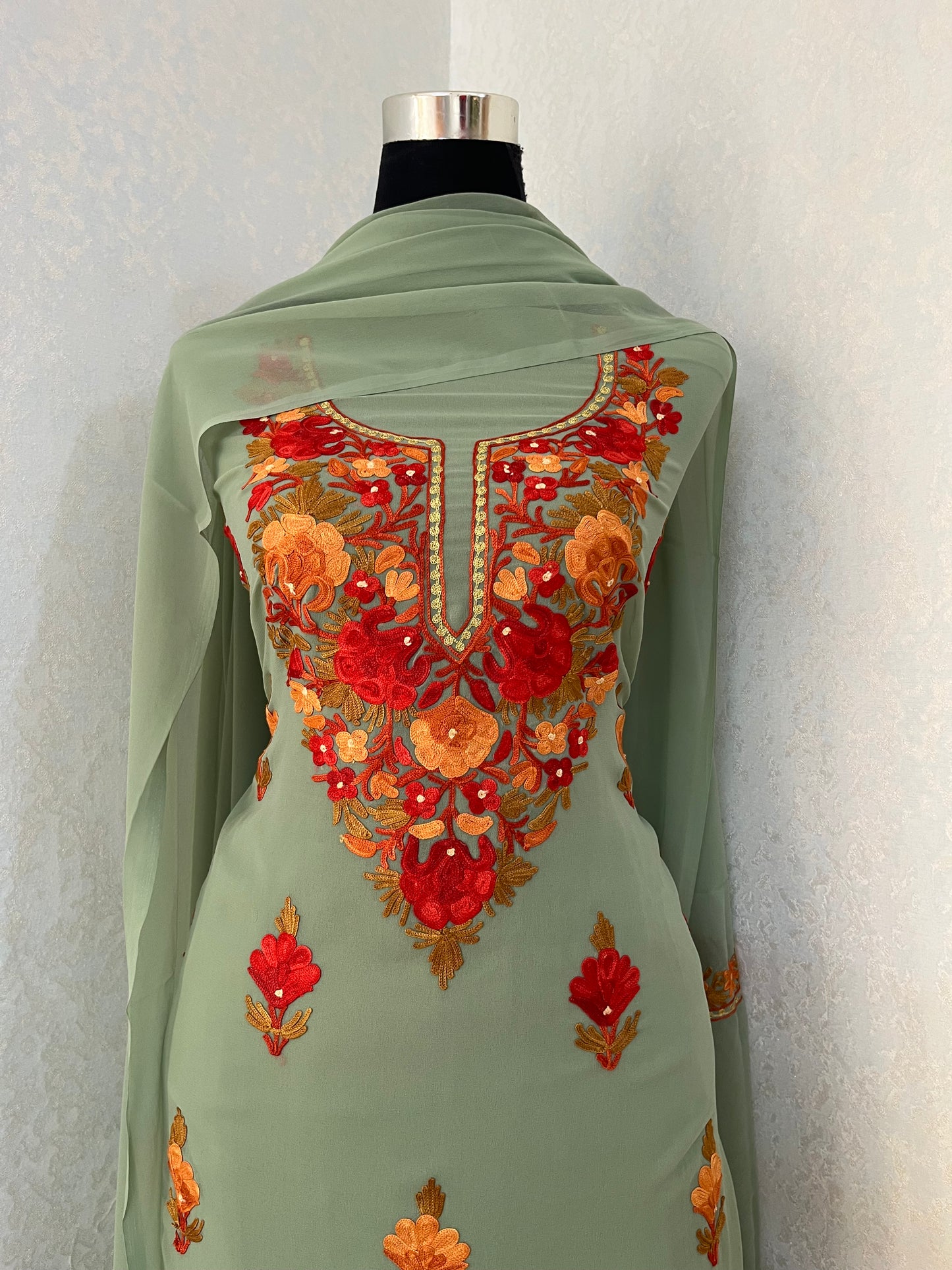 Jade Green Georgette 3Pc Kashmiri Suit