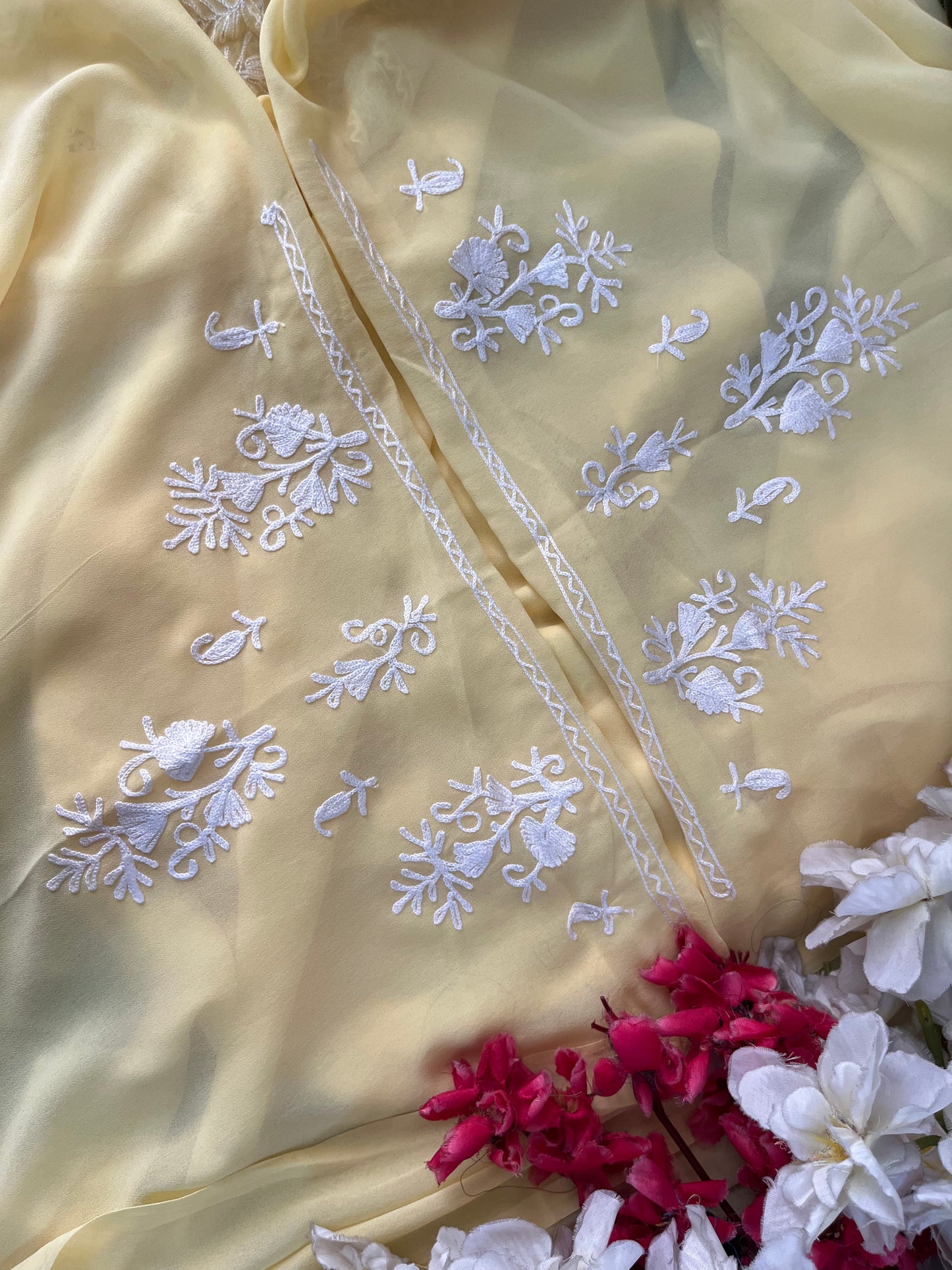 Lemon Yellow Georgette Kashmiri Unstitched Kurta Material