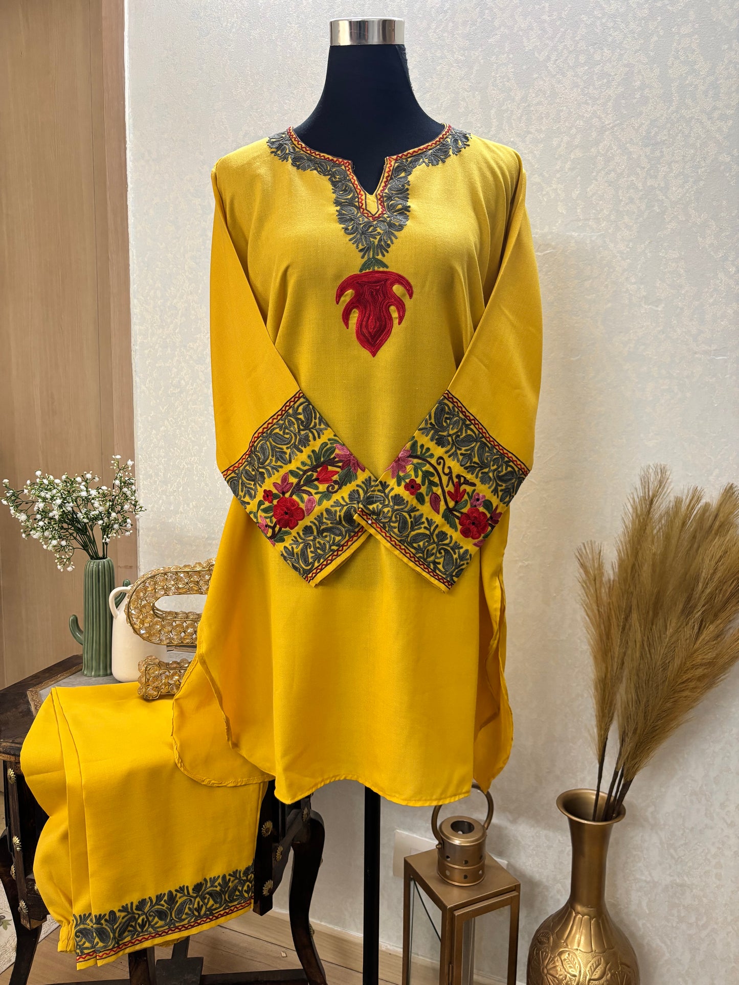 Yellow Cotton Embroidered Co-ord Set(42)