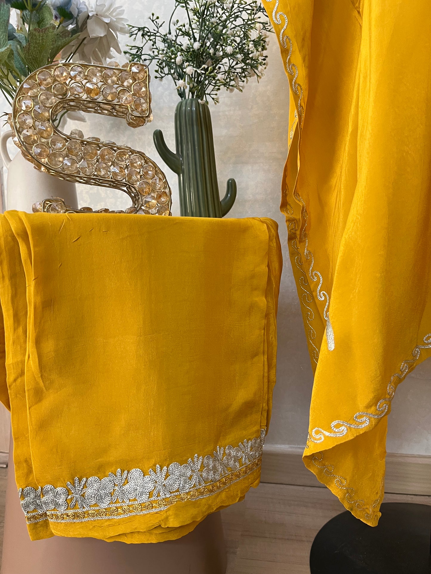 Yellow Crape Kashmiri Kaftan Set