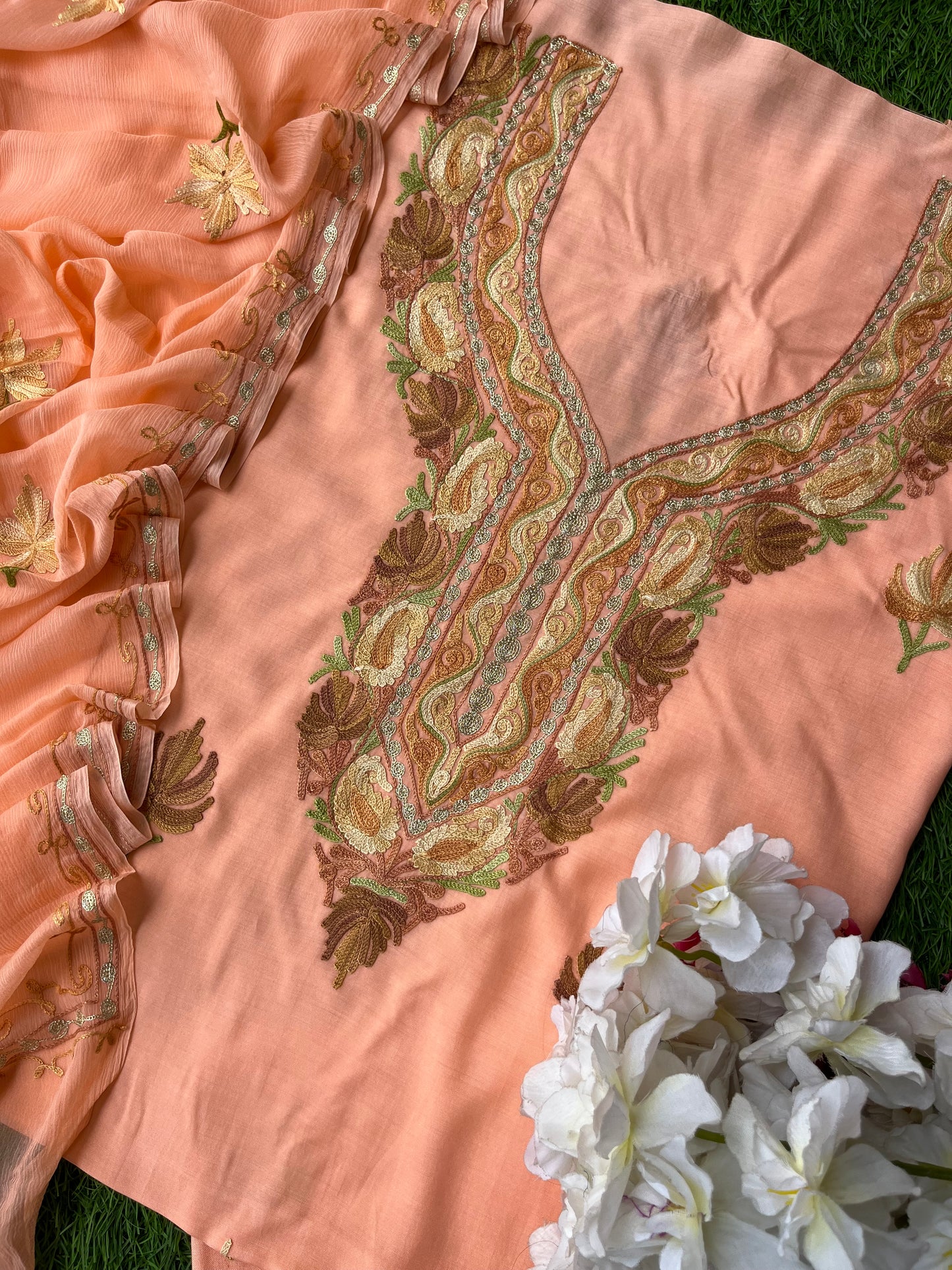 Peach Muslin Cotton Aari Embroidered 3pc set