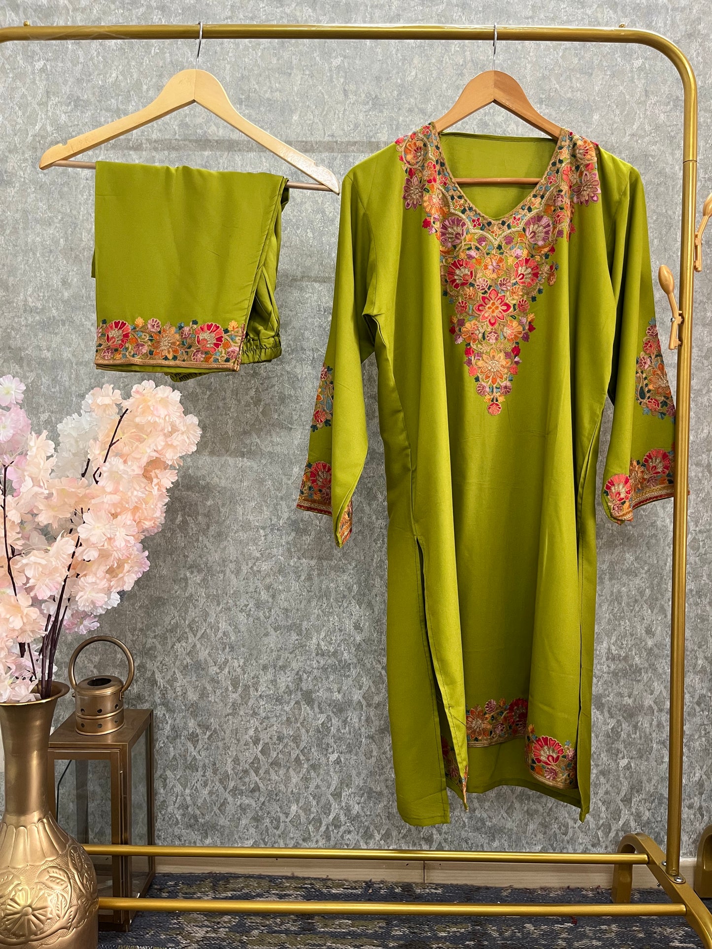 Lime Green Cotton Stitched Co-ord Set( 42)