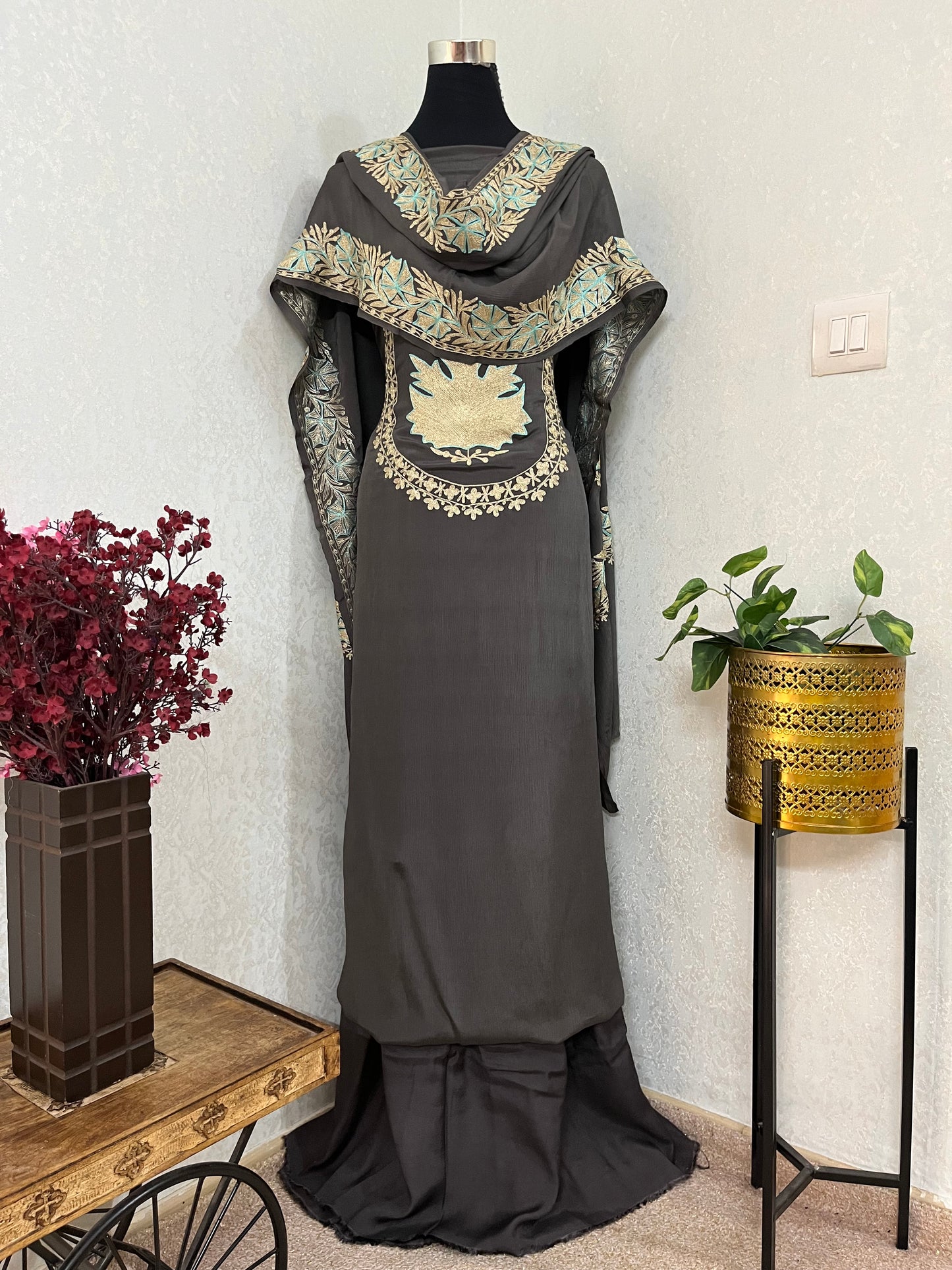Grey Chinon 3 Pc Aari Embroidered Suit