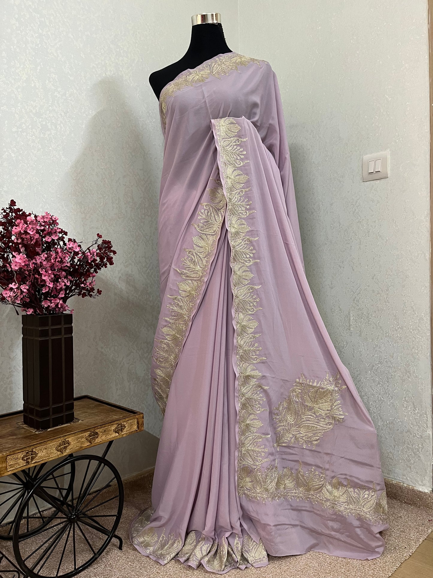 Soft Purple Crape Kashmiri Tilla Saree