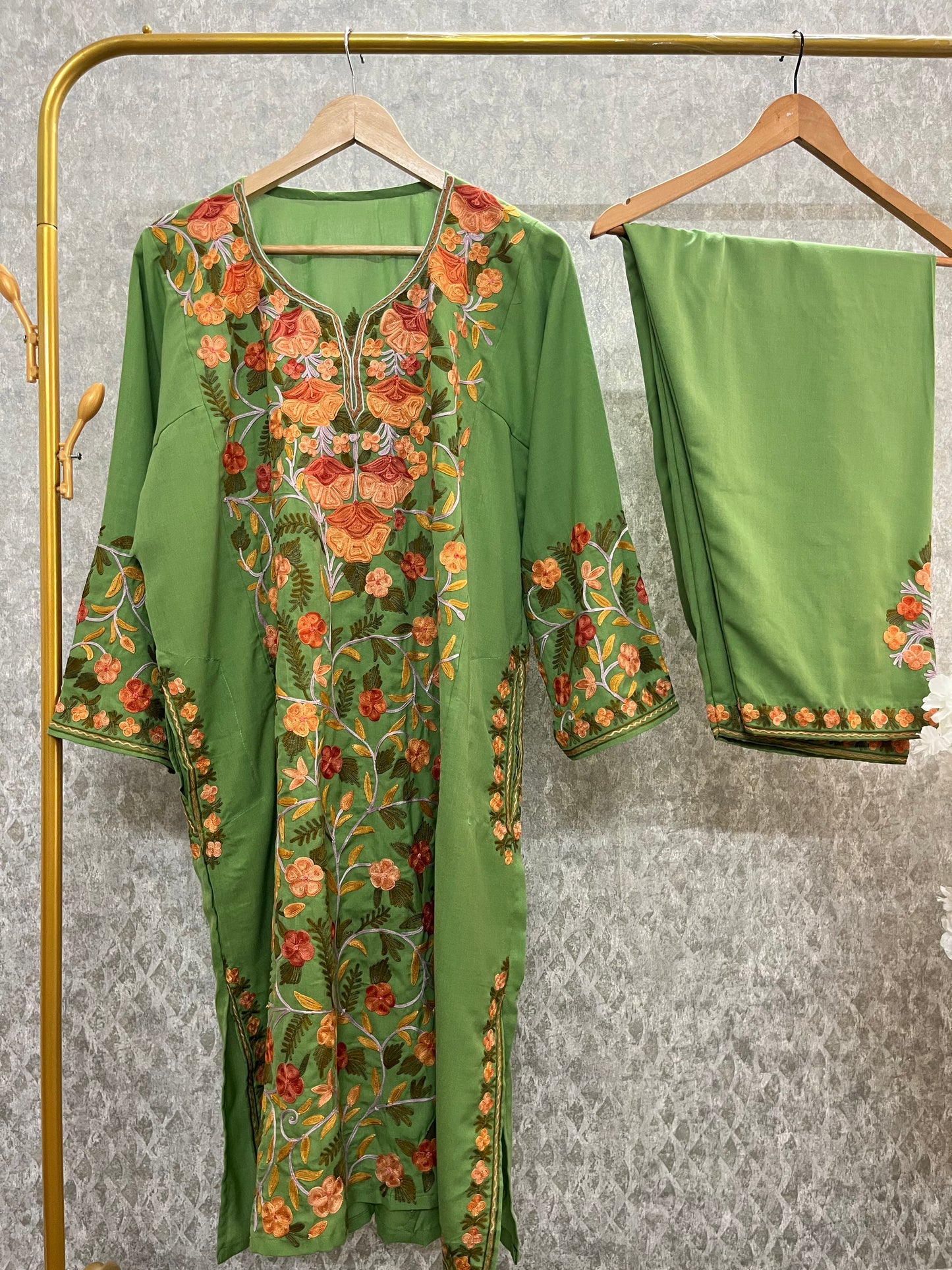 Green Yellow Cotton Front Jaal Pheran Set Size (44)