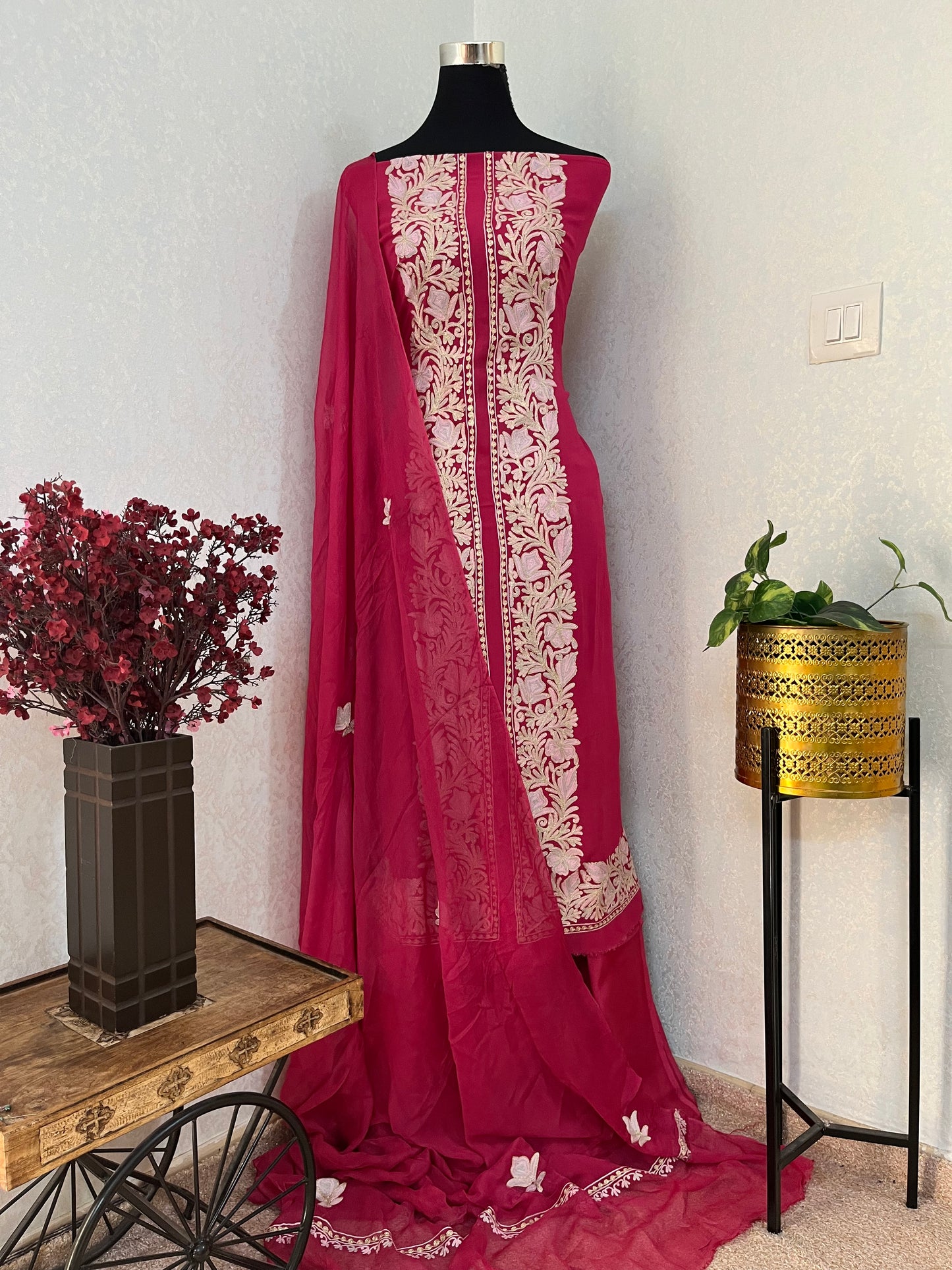 Hot Pink Pure Georgette Achkan Kashmiri Suit