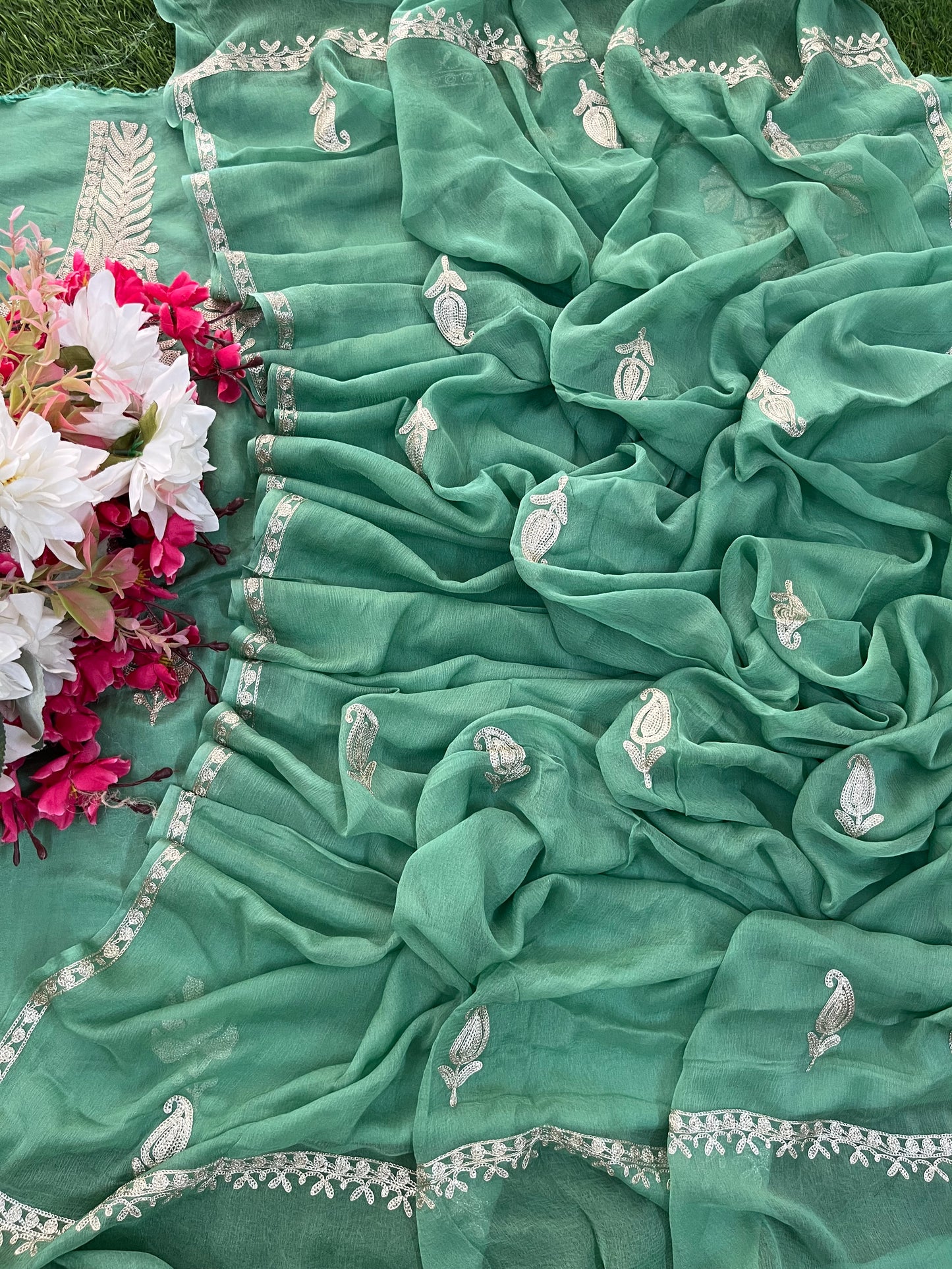 Pastel Green Sanam’ Silk Tilla Kashmiri Suit