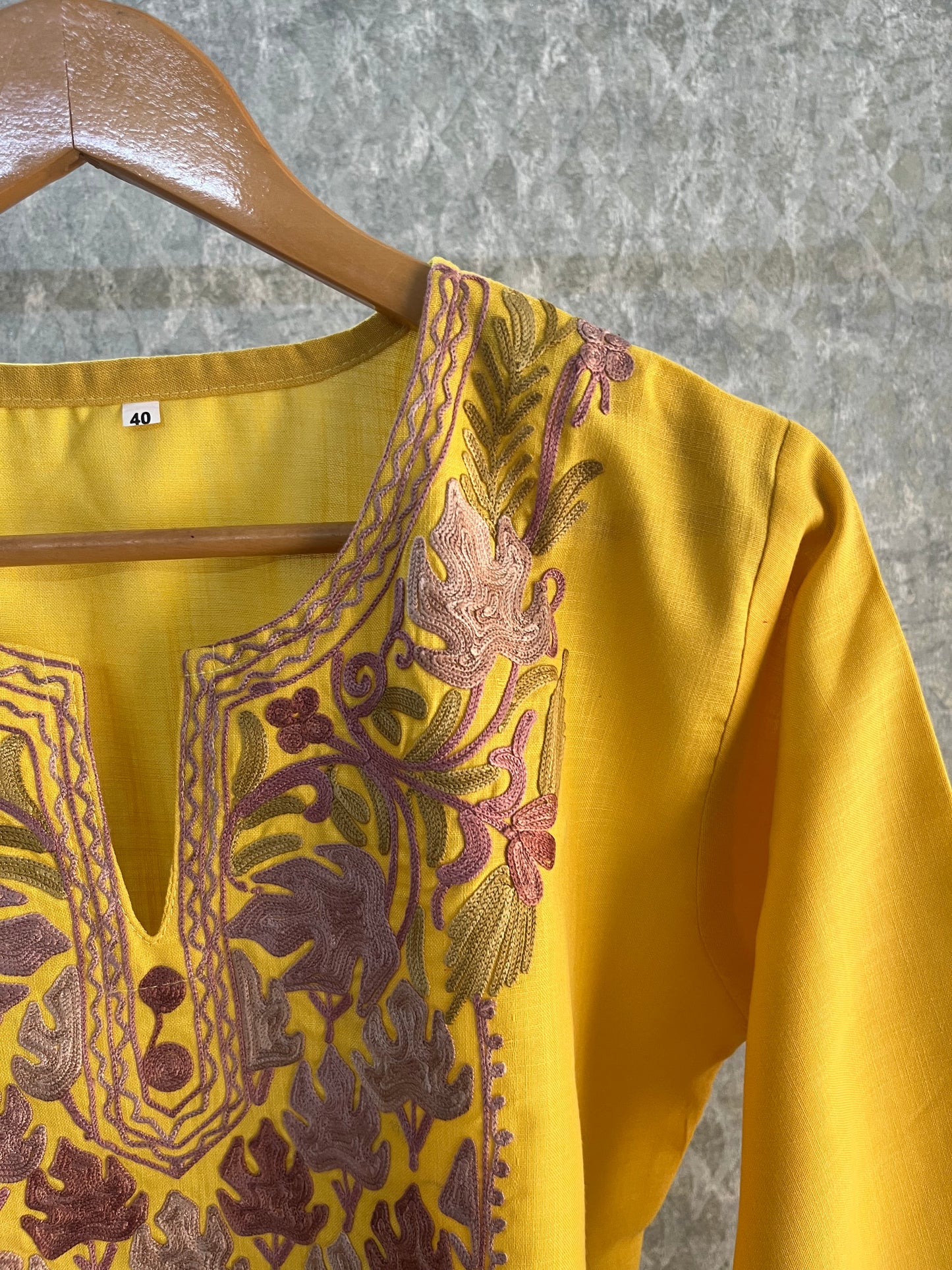 Yellow Cotton Aari Work Kurta