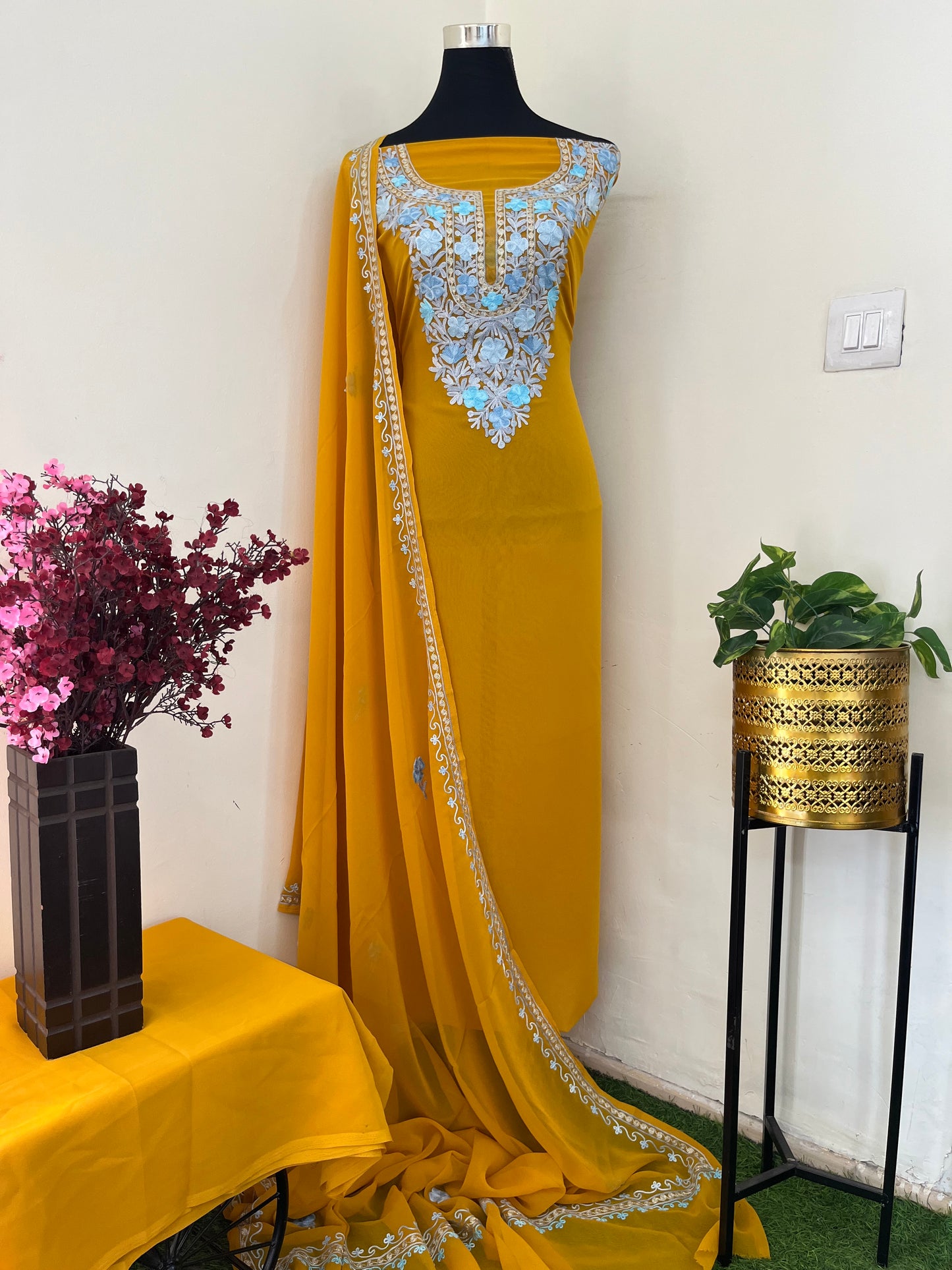 Mustard Georgette 3 Pc Aari Embroidered Suit Set