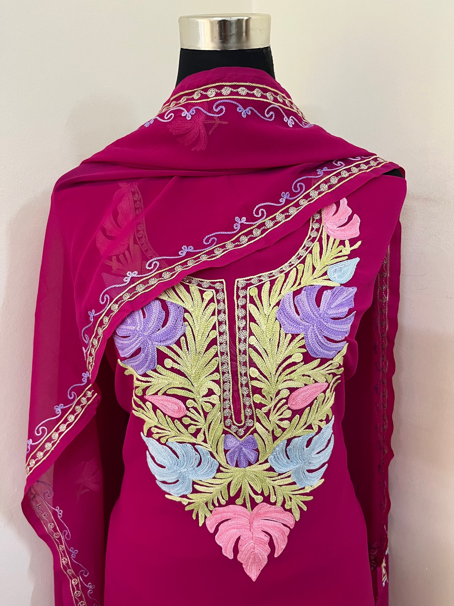 Hot Pink Georgette 3 Pc Aari Embroidered Suit Set