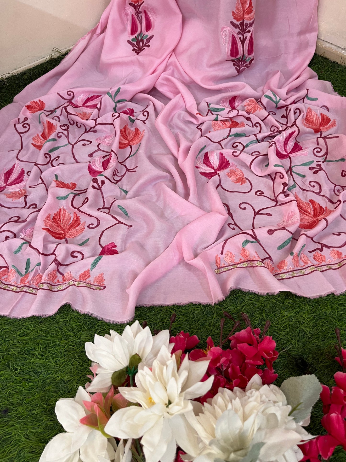 Soft Pink Muslin Cotton Jaal Sleeves Kashmiri 3pc Suit