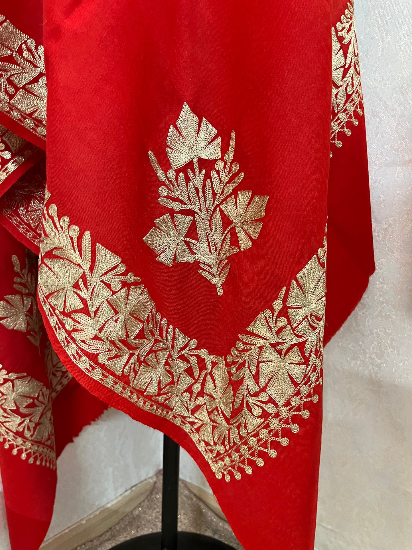 Red Semi Pashmina Tilla Embroidered stole