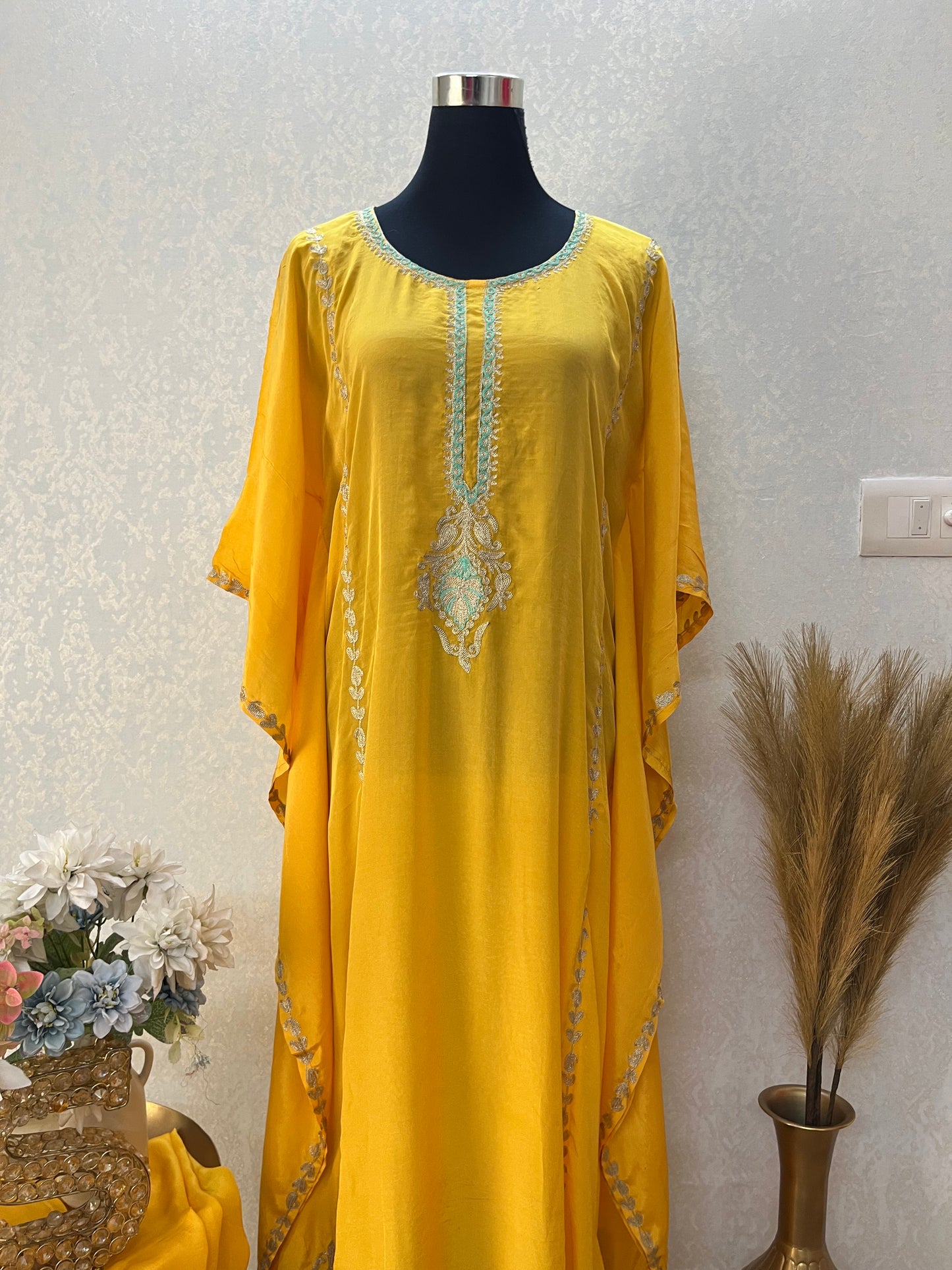 Yellow Crape Front Back Kashmiri Kaftan Set