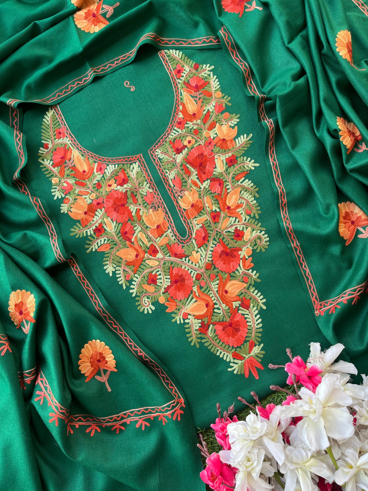 Bottle Green Woollen Aari Embroidered 3pc suit