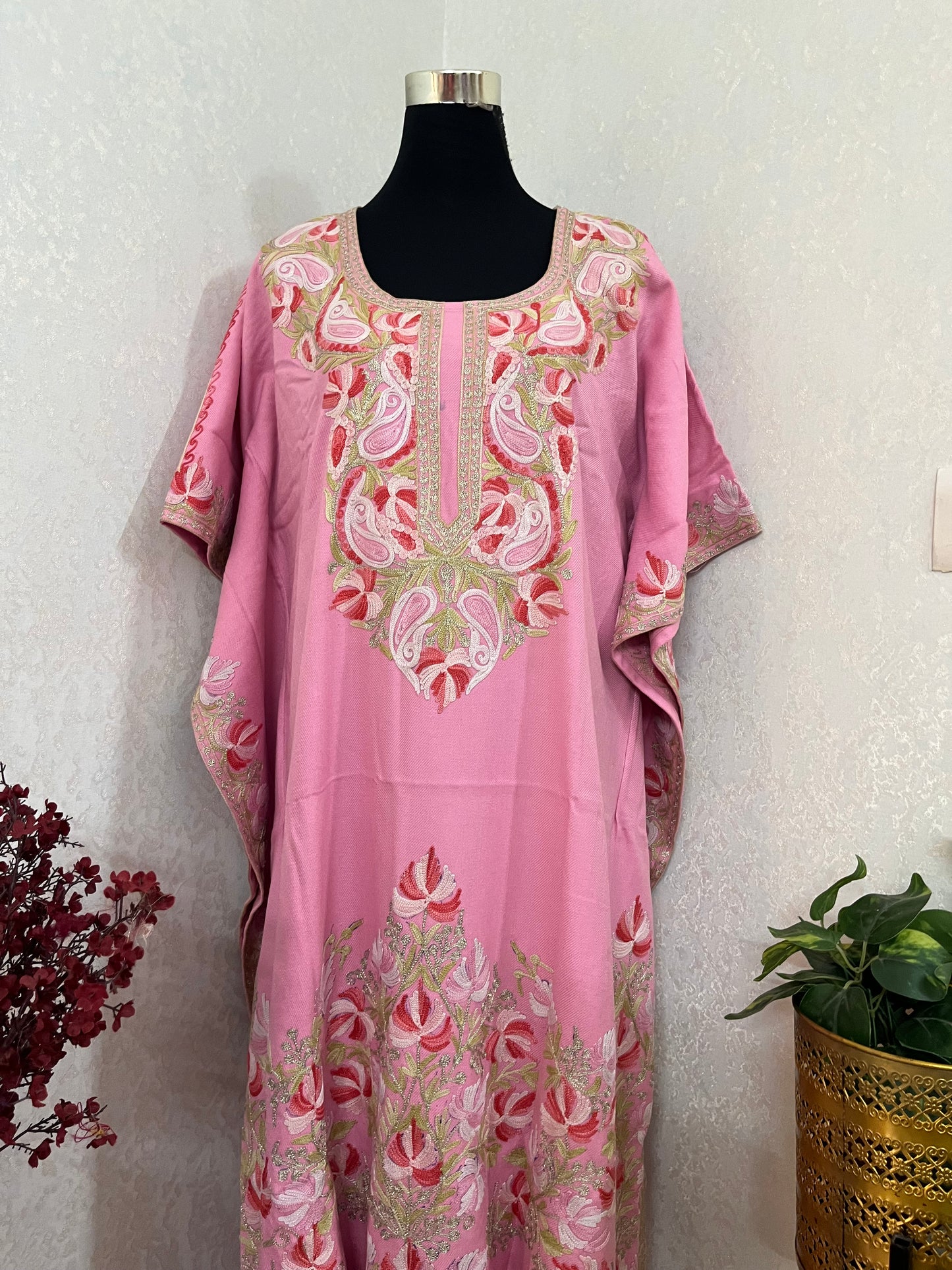 Pink Woollen Kashmiri Kaftan Set