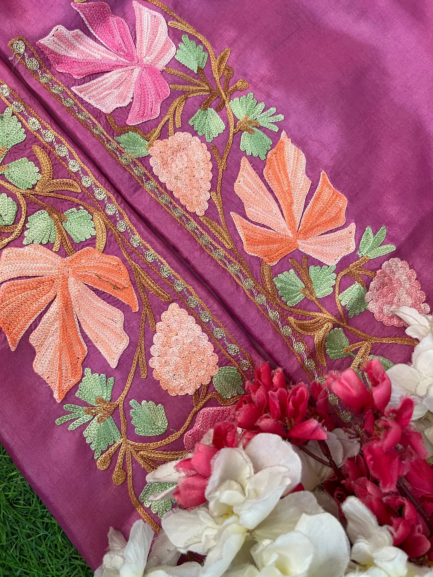 Mauve Opada Silk Aari Embroidered Suit material