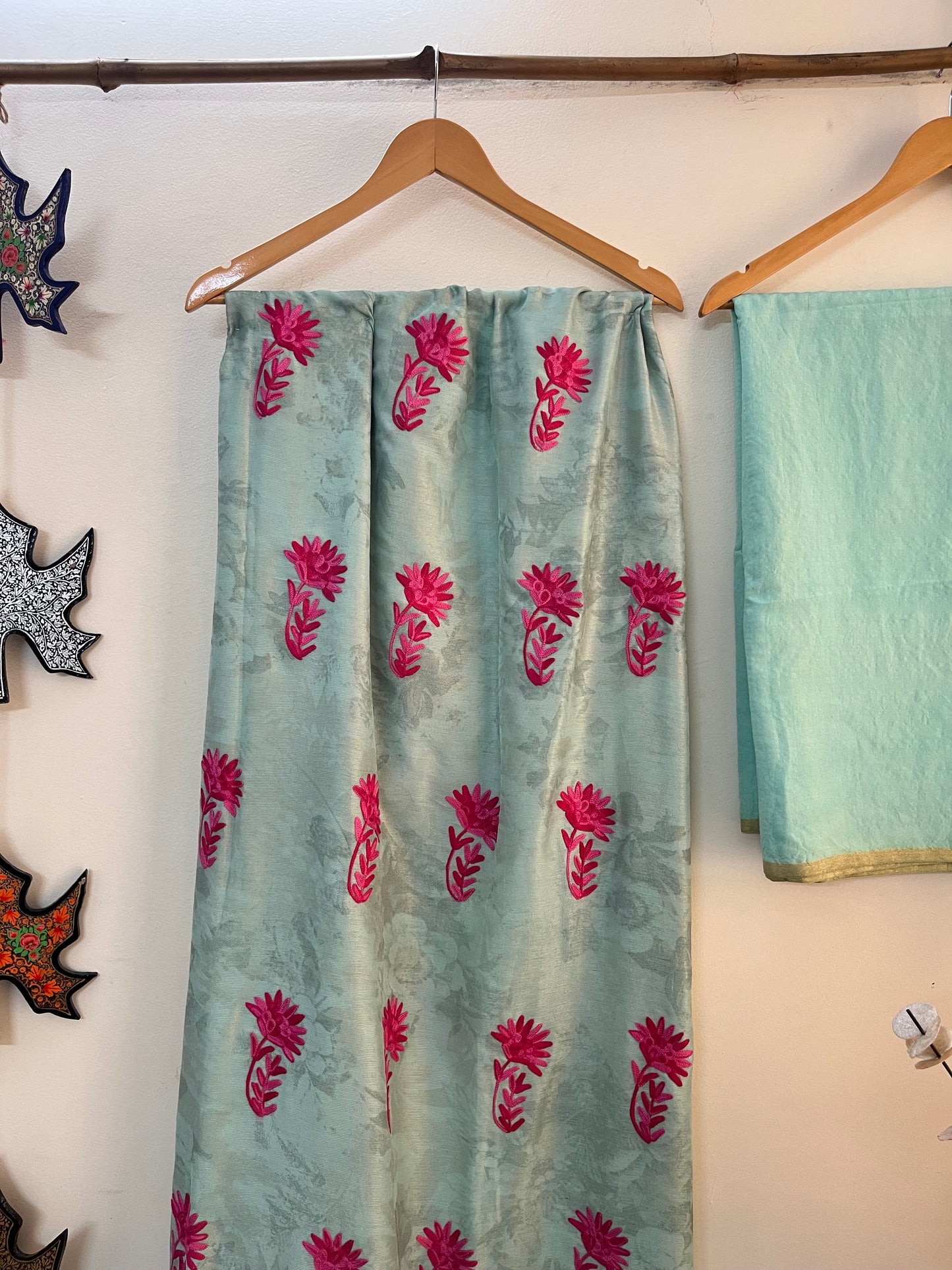 Mint Green Self Work Satin Cotton Unstitched Co-ord Set