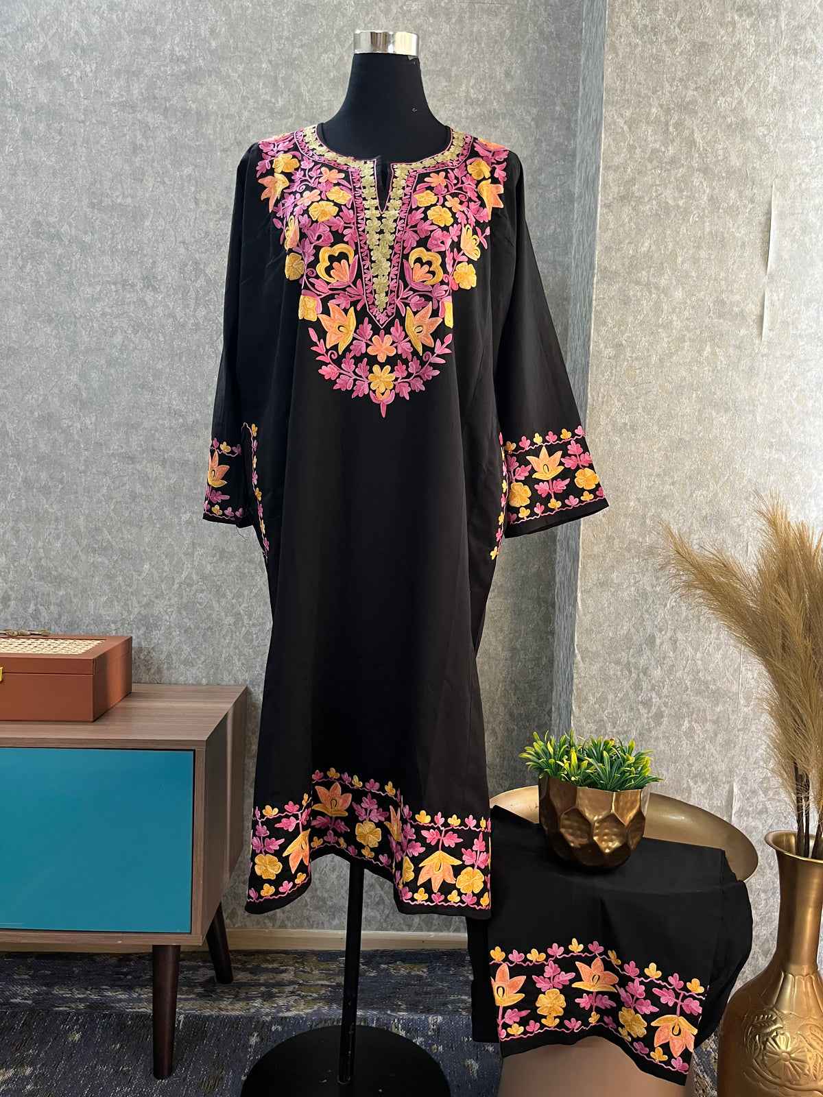 Black Cotton Front Jaal Pheran Set  Size(44)