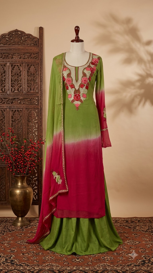 Green Pure Georgette Double Shade Kashmiri Suit
