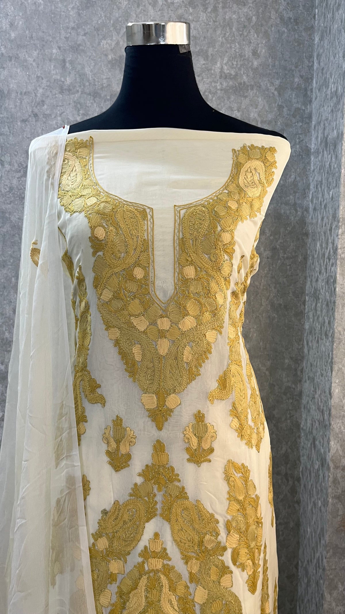 Ivory Pure Organza Cut Work Kashmiri Suit